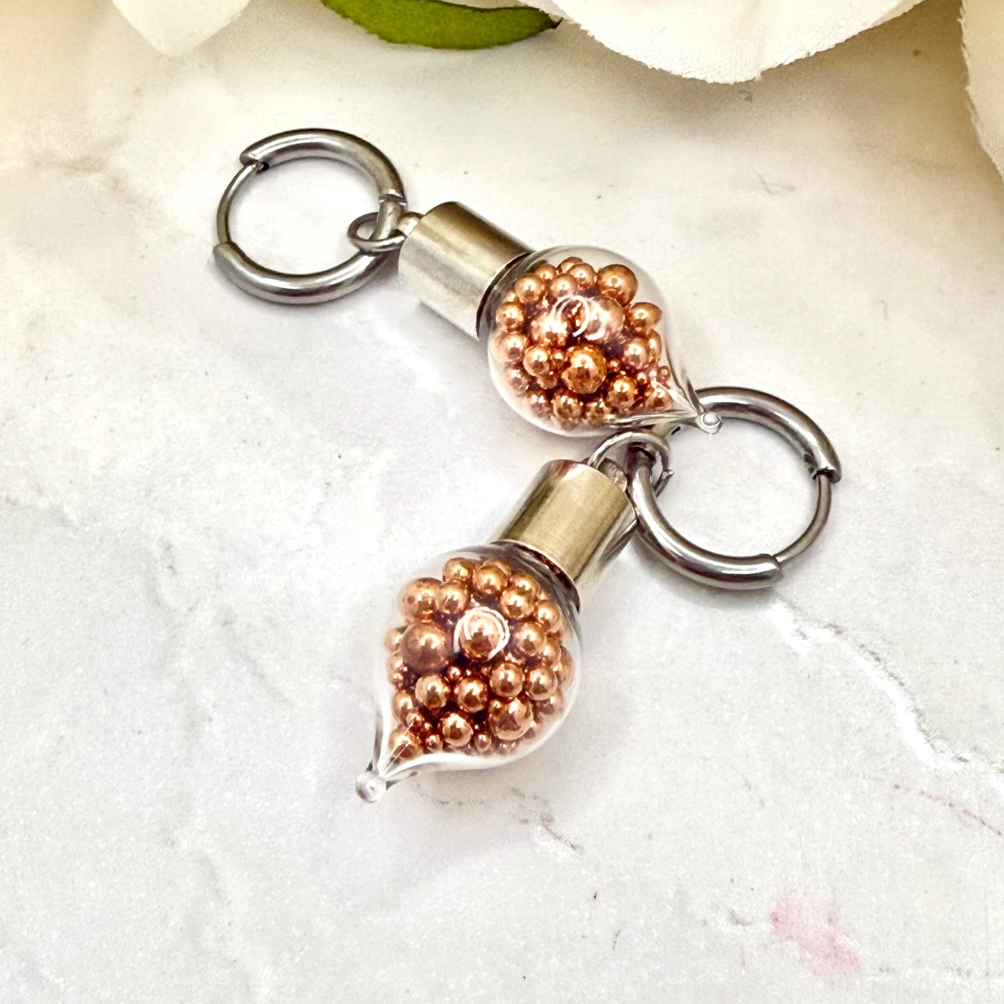 7th Wedding Anniversary Huggie Earrings – Glass Droppers Filled with Copper Balls | Elegant Copper Jewellery