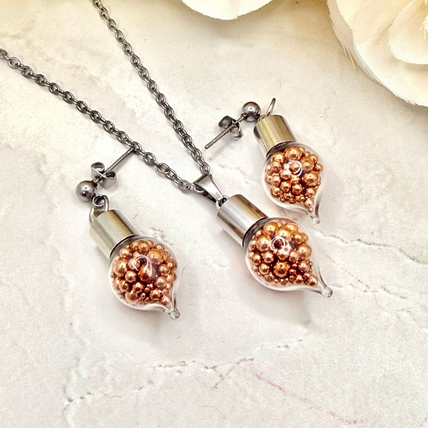 7th Wedding Anniversary Pendant – Glass Drop Filled with Copper Balls | Romantic Copper Necklace