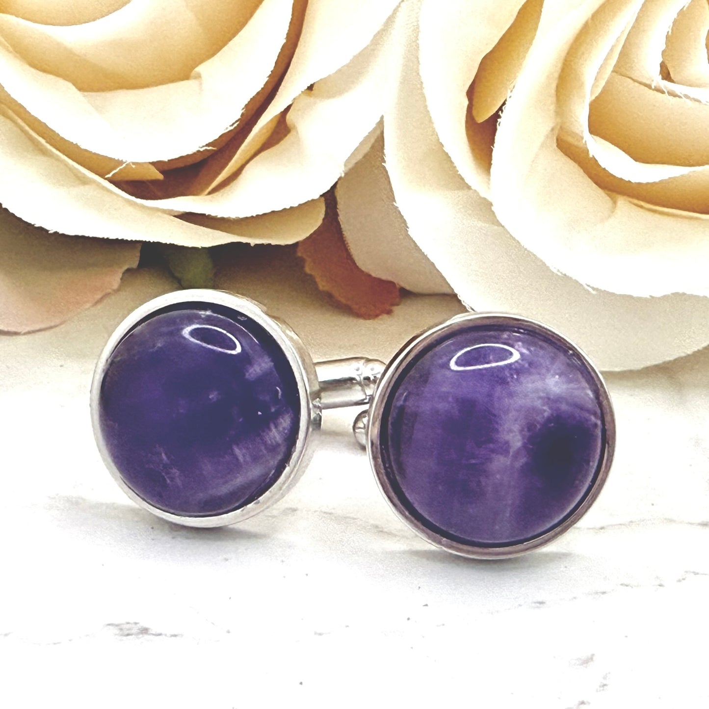 Amethyst 33rd Wedding Anniversary Silver Plated Cufflinks Handmade-Cufflinks-Handmadeanniversary-Handmade Anniversary