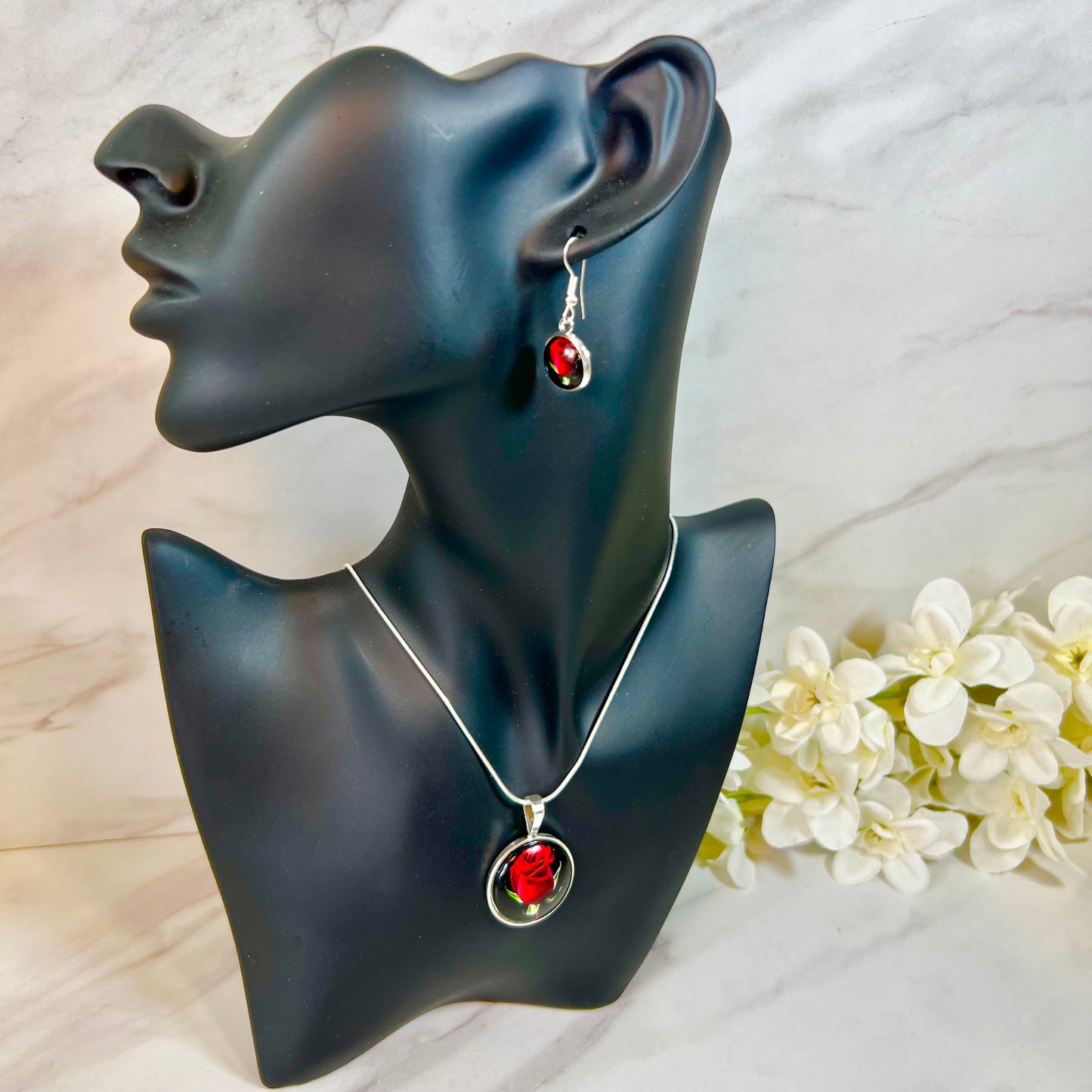 Rose Pendant & Drop Earrings Jewellery Set Handmade