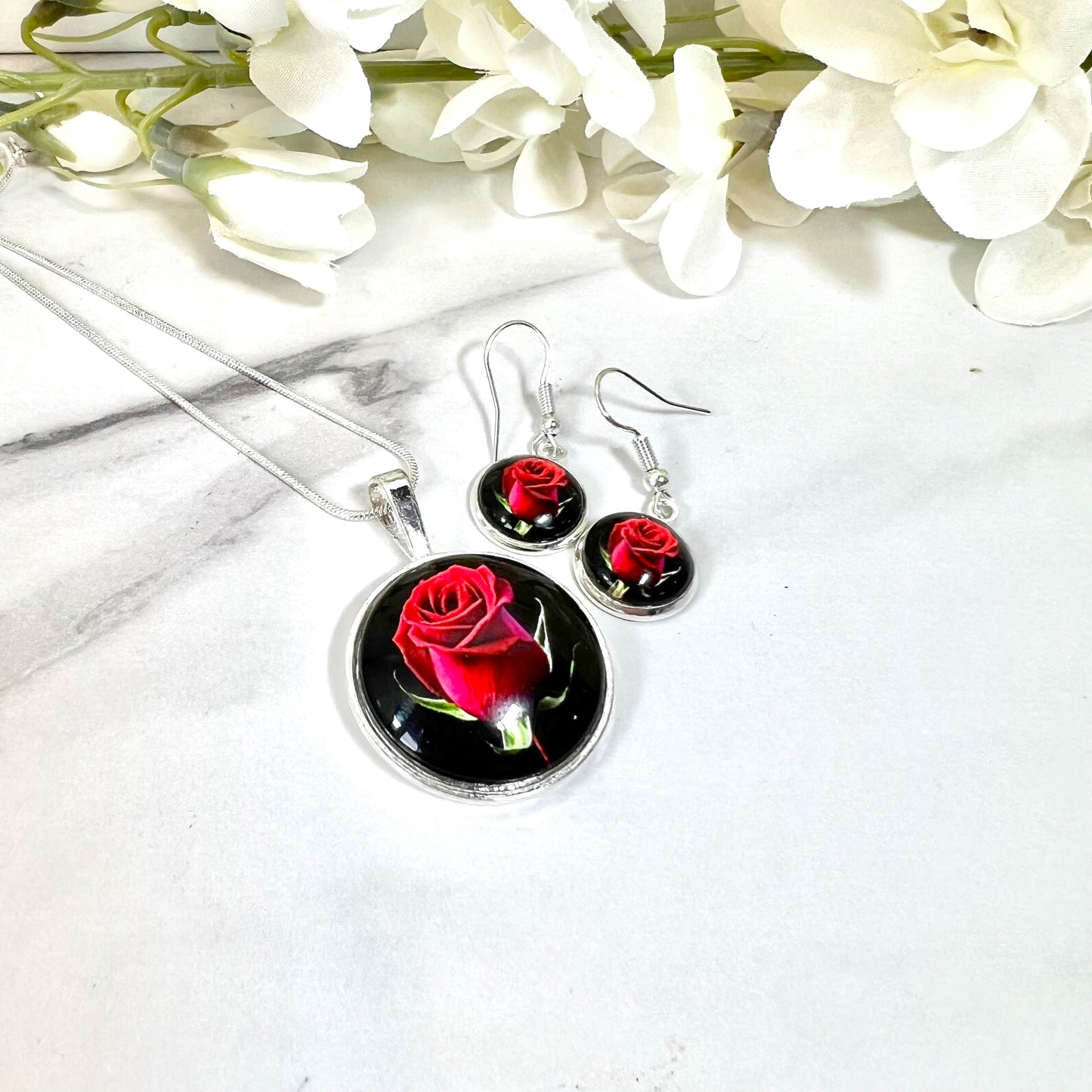 Rose Pendant & Drop Earrings Jewellery Set Handmade