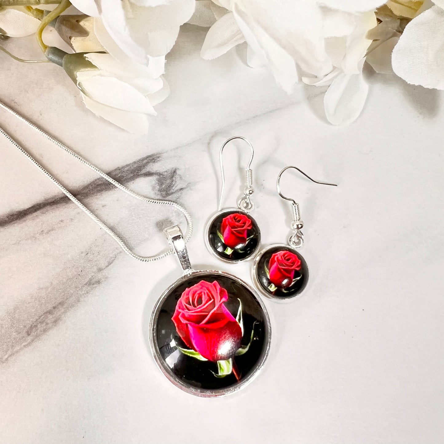 Rose Pendant & Drop Earrings Jewellery Set Handmade