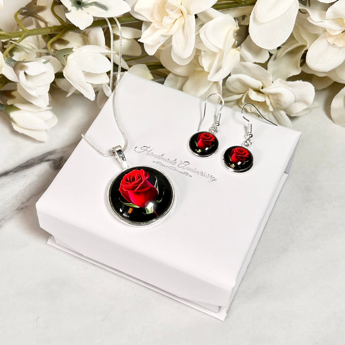 Rose Pendant & Drop Earrings Jewellery Set Handmade