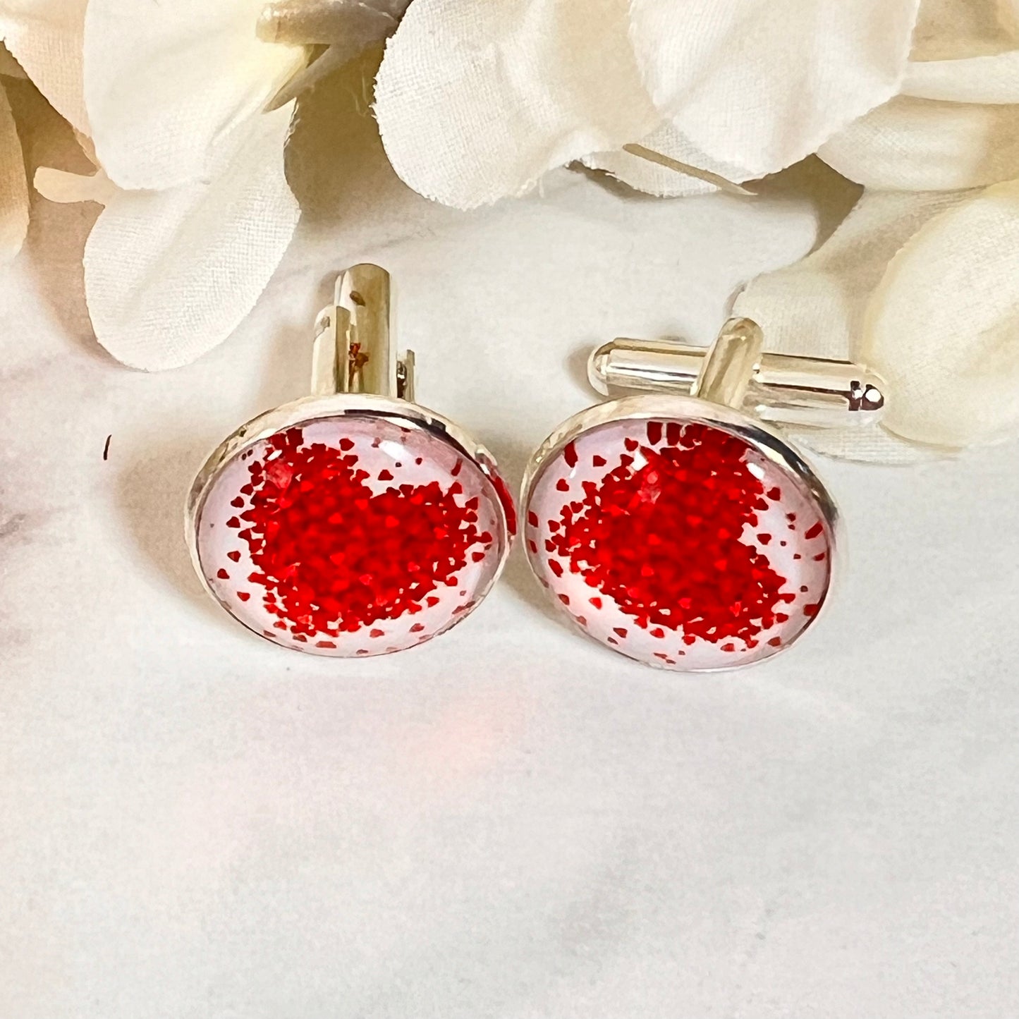 Heart Cufflinks & Leather Key Fob Gift Set Handmade