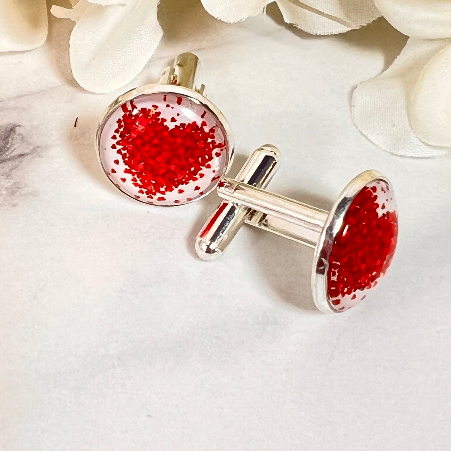 Heart Cufflinks & Leather Key Fob Gift Set Handmade