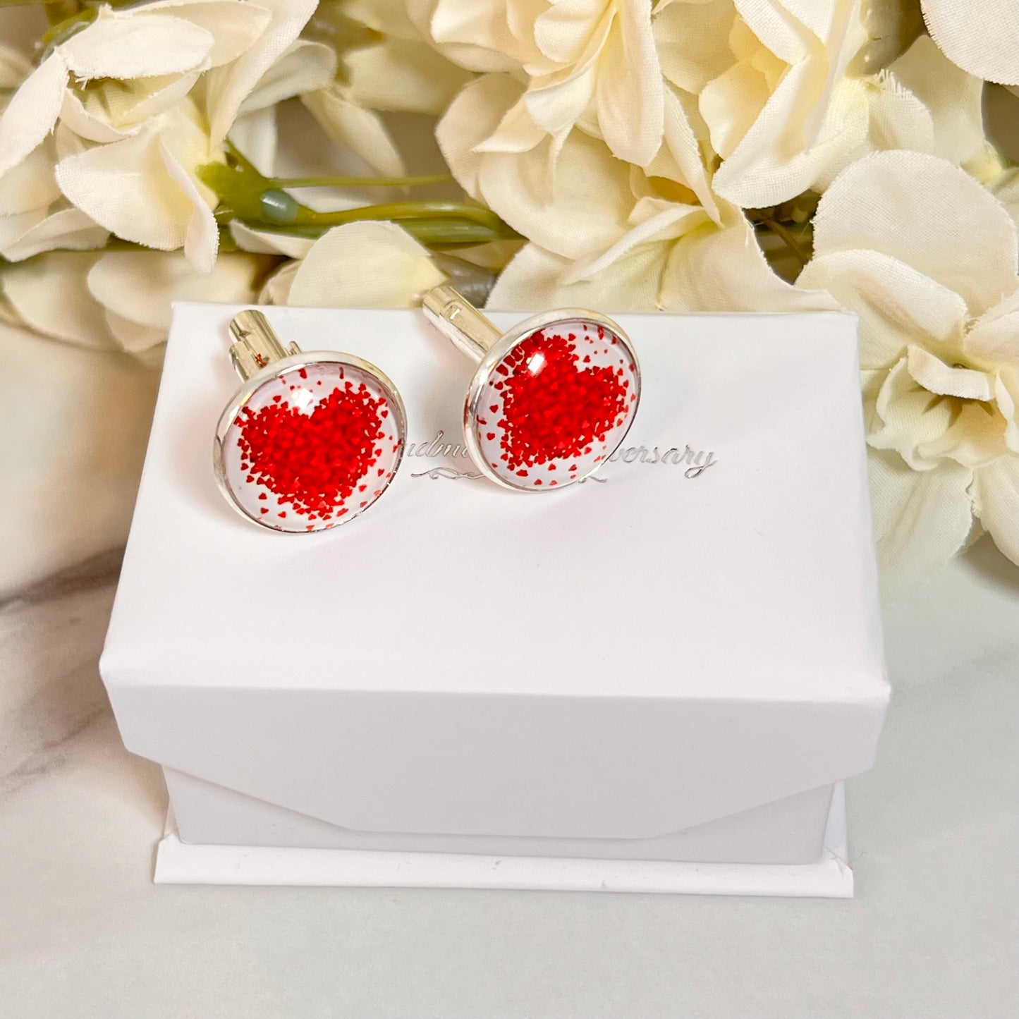 Heart Cufflinks & Leather Key Fob Gift Set Handmade