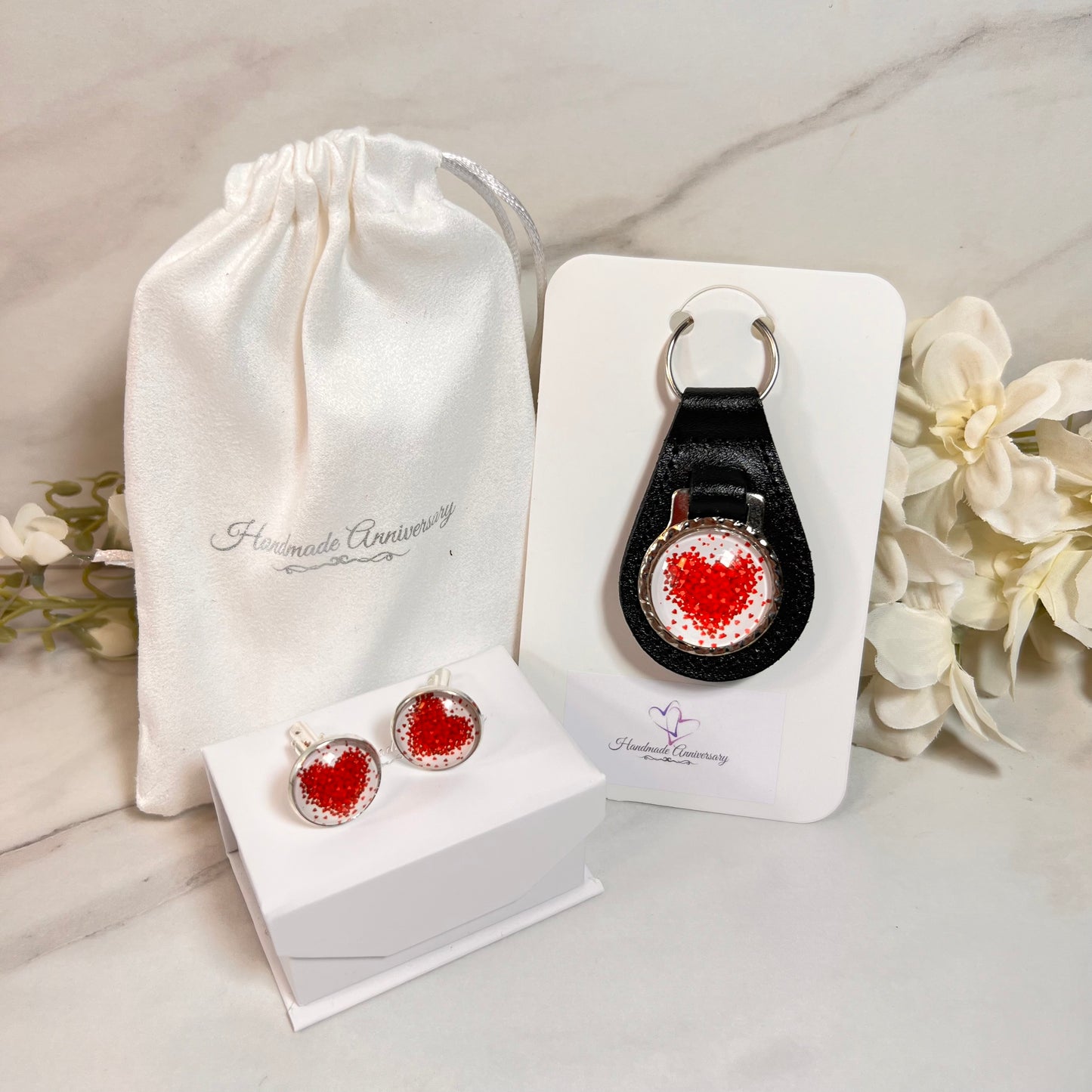 Heart Cufflinks & Leather Key Fob Gift Set Handmade