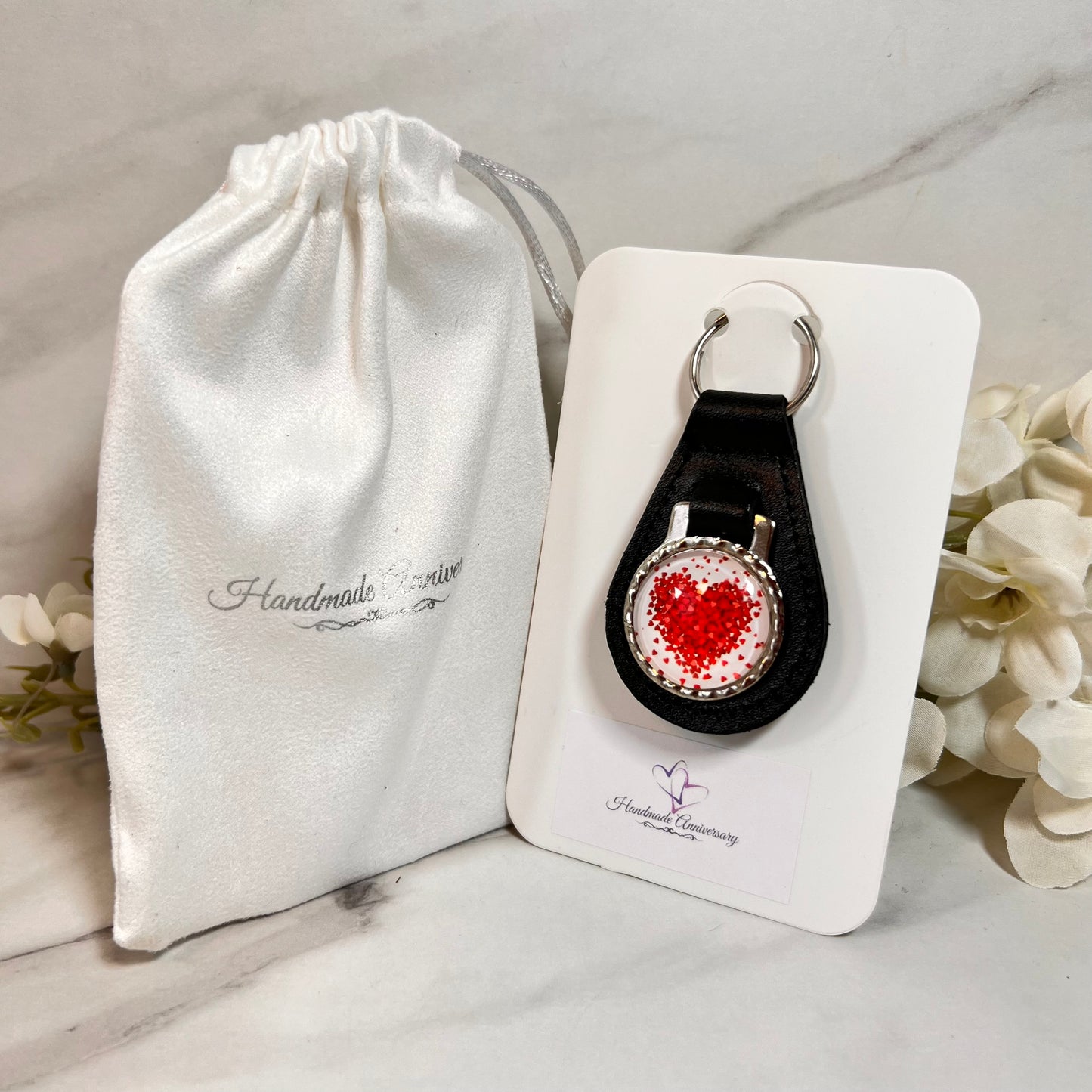 Heart Cufflinks & Leather Key Fob Gift Set Handmade