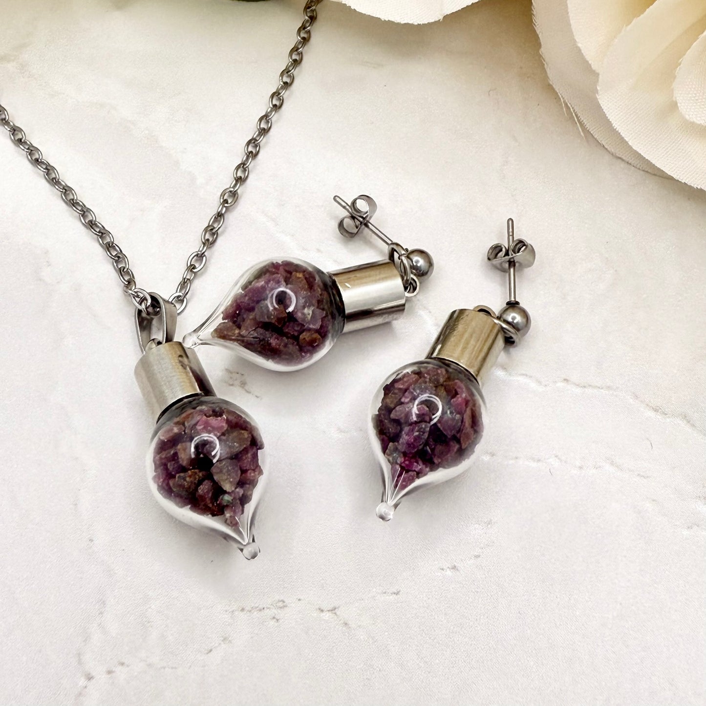 Luxury 40th Anniversary Jewellery Set – Pendant & Earrings with Natural Raw Ruby Chips | Elegant Ruby Gift for Her-Pendant & Earrings-Handmadeanniversary-Stud Earring-Handmade Anniversary