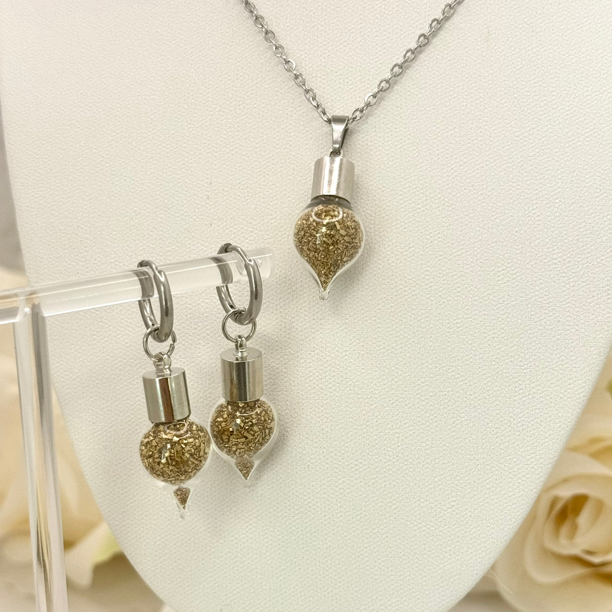 Luxury 21st Anniversary Pendant – Glass Drop with Fine Brass Shavings | Elegant Brass Necklace Gift for Her-Pendant & Earrings-Handmadeanniversary-Add Huggie Earrings-Handmade Anniversary