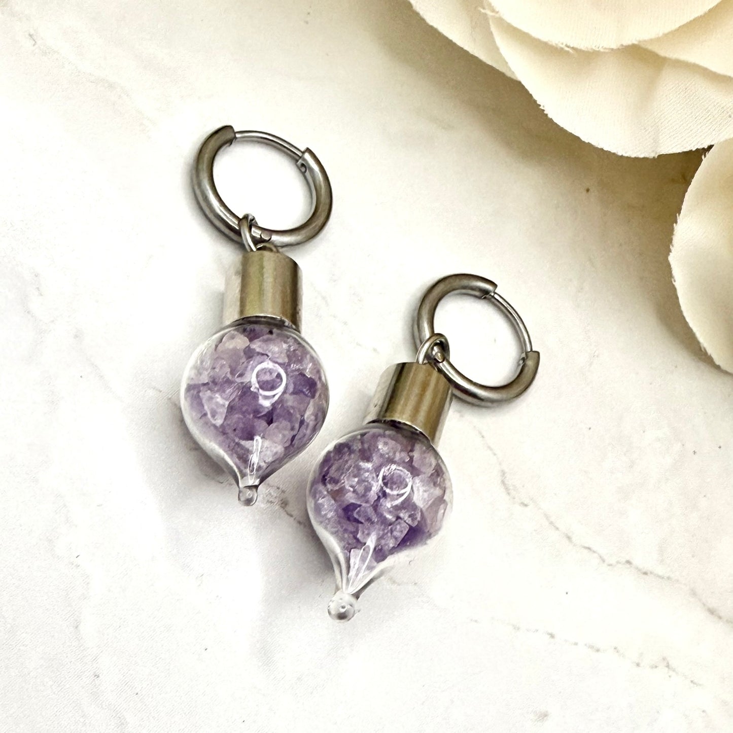 Luxury 33rd Anniversary Huggie Earrings – Glass Drops with Natural Raw Amethyst Shards | Elegant Amethyst Gift for Her-Pendant & Earrings-Handmadeanniversary-Handmade Anniversary
