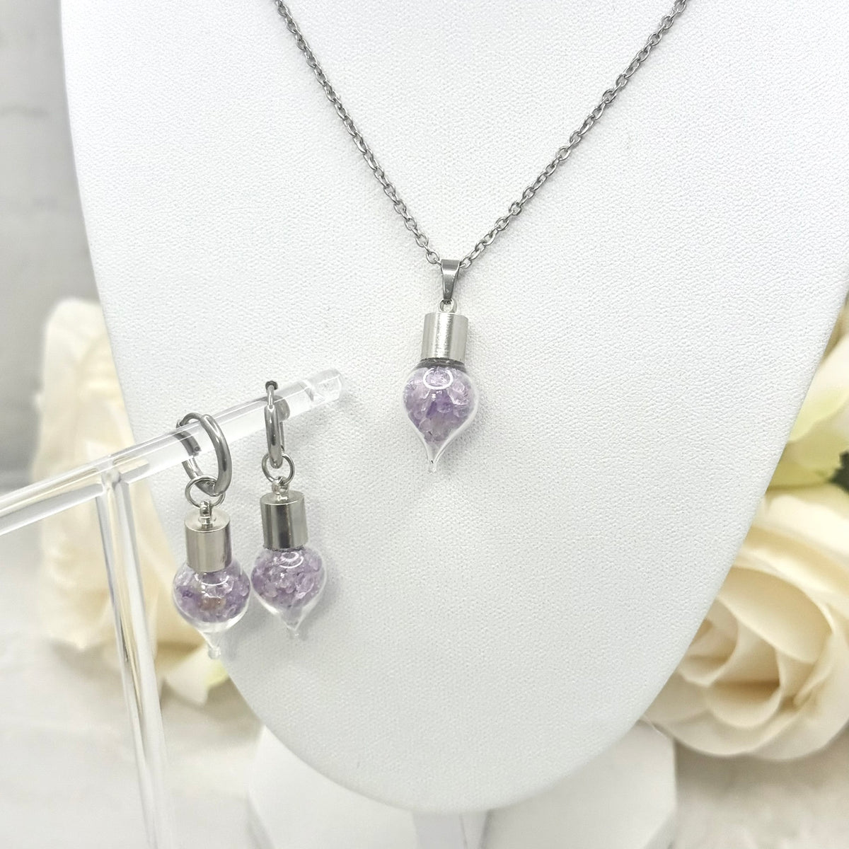Luxury 33rd Anniversary Jewellery Set – Pendant & Earrings with Natural Raw Amethyst Shards | Elegant Amethyst Gift for Her-Pendant & Earrings-Handmadeanniversary-Huggie Earrings-Handmade Anniversary