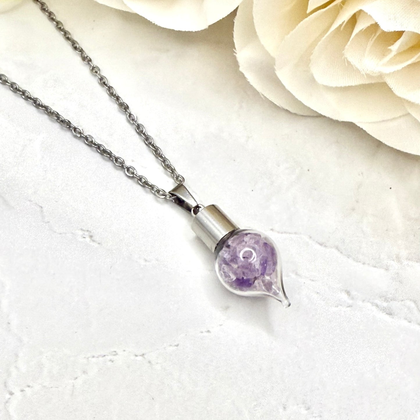 Luxury 33rd Anniversary Pendant – Glass Drop with Natural Raw Amethyst Shards | Elegant Gift for Her-Pendant & Earrings-Handmadeanniversary-Handmade Anniversary