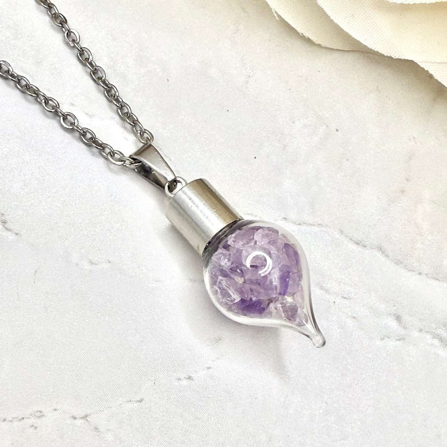 Luxury 33rd Anniversary Pendant – Glass Drop with Natural Raw Amethyst Shards | Elegant Gift for Her-Pendant & Earrings-Handmadeanniversary-Handmade Anniversary