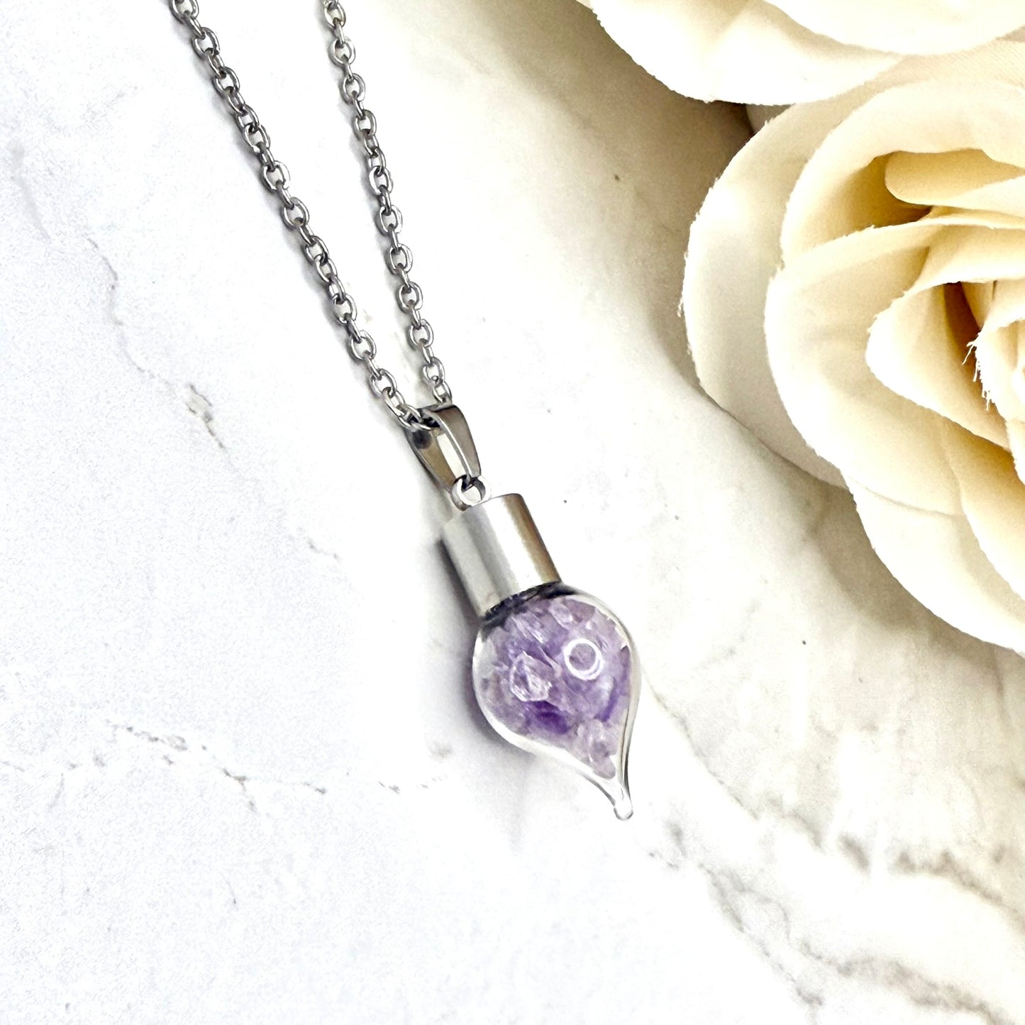 Luxury 33rd Anniversary Pendant – Glass Drop with Natural Raw Amethyst Shards | Elegant Gift for Her-Pendant & Earrings-Handmadeanniversary-Handmade Anniversary