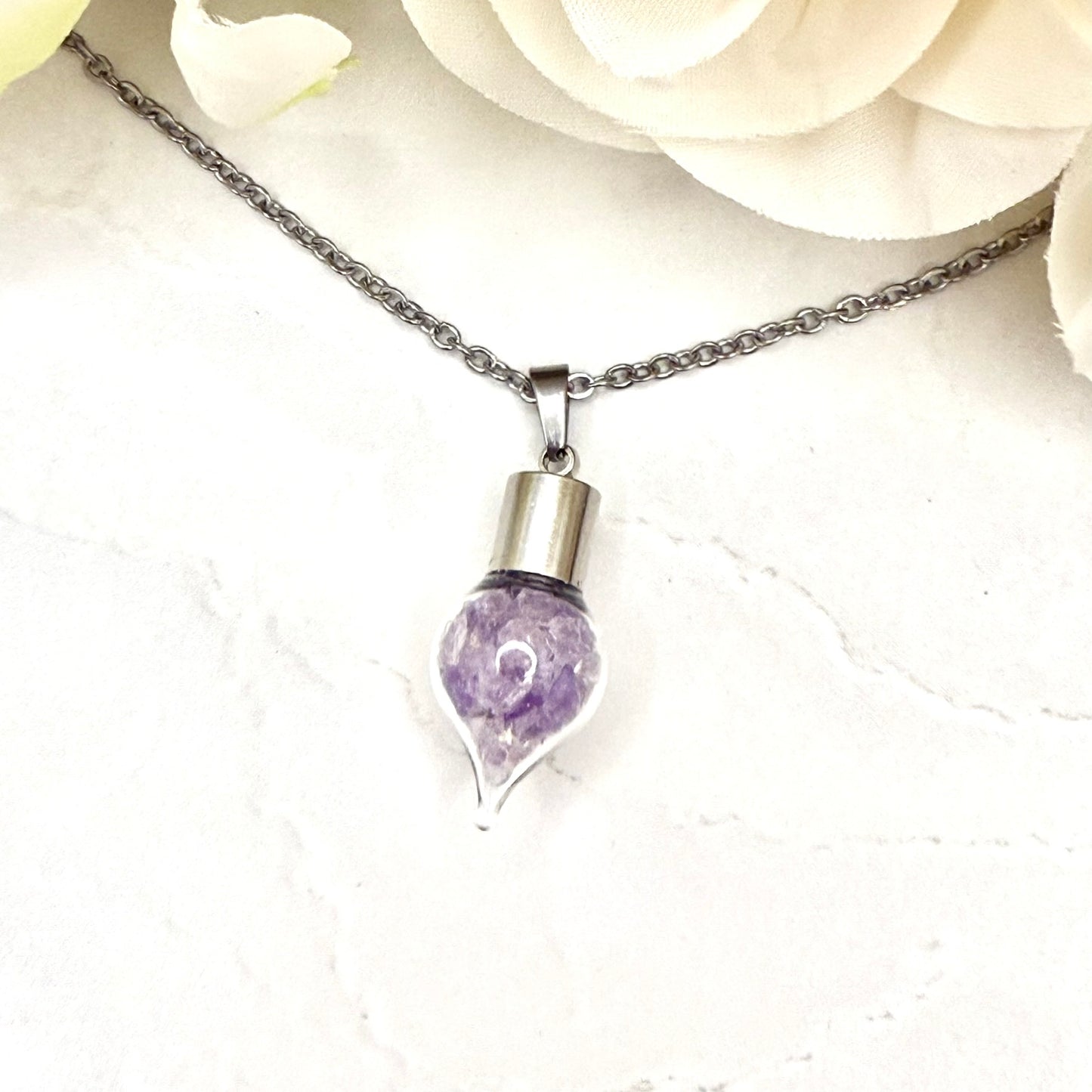 Luxury 33rd Anniversary Pendant – Glass Drop with Natural Raw Amethyst Shards | Elegant Gift for Her-Pendant & Earrings-Handmadeanniversary-Handmade Anniversary