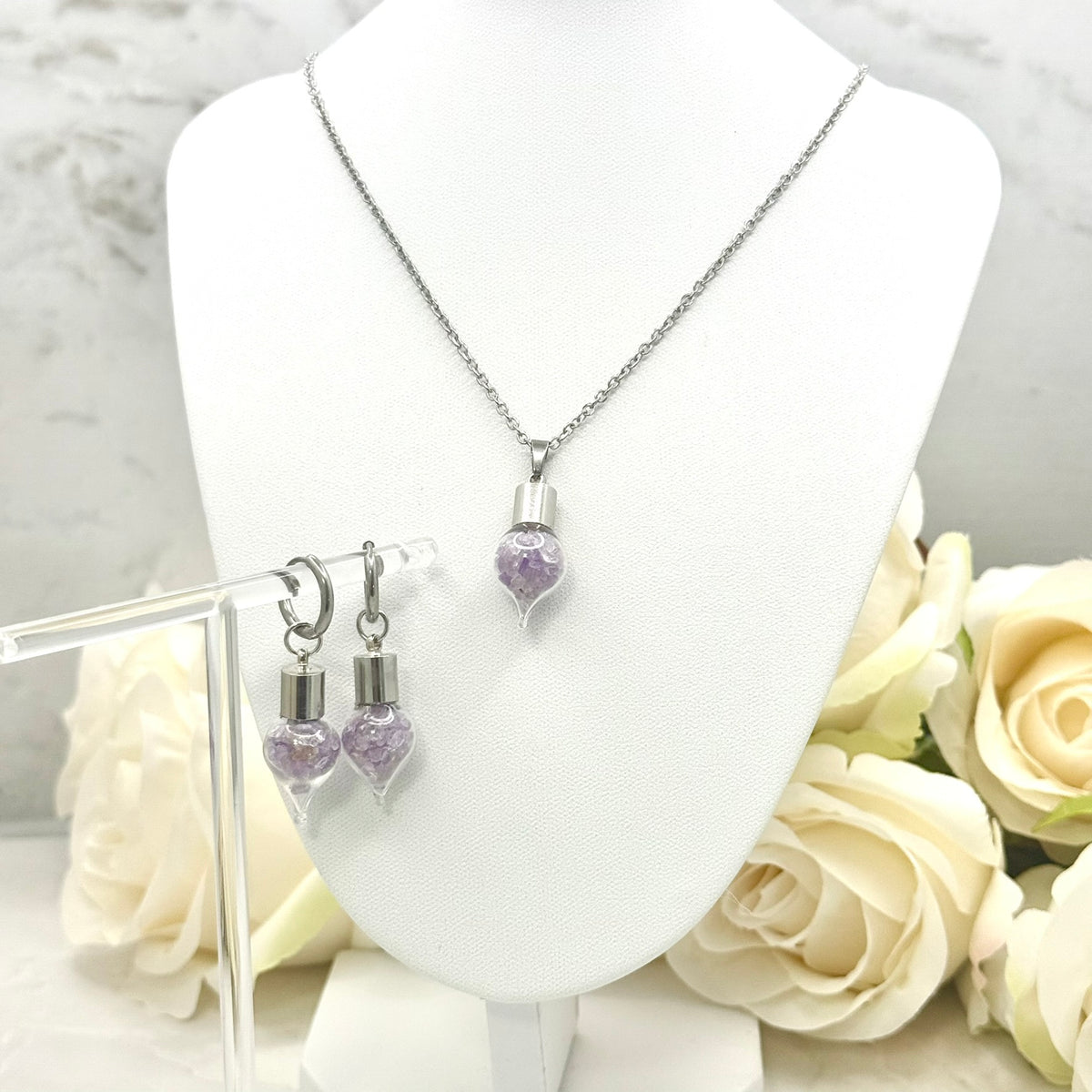 Luxury 33rd Anniversary Pendant – Glass Drop with Natural Raw Amethyst Shards | Elegant Gift for Her-Pendant & Earrings-Handmadeanniversary-Add Huggie Earrings-Handmade Anniversary