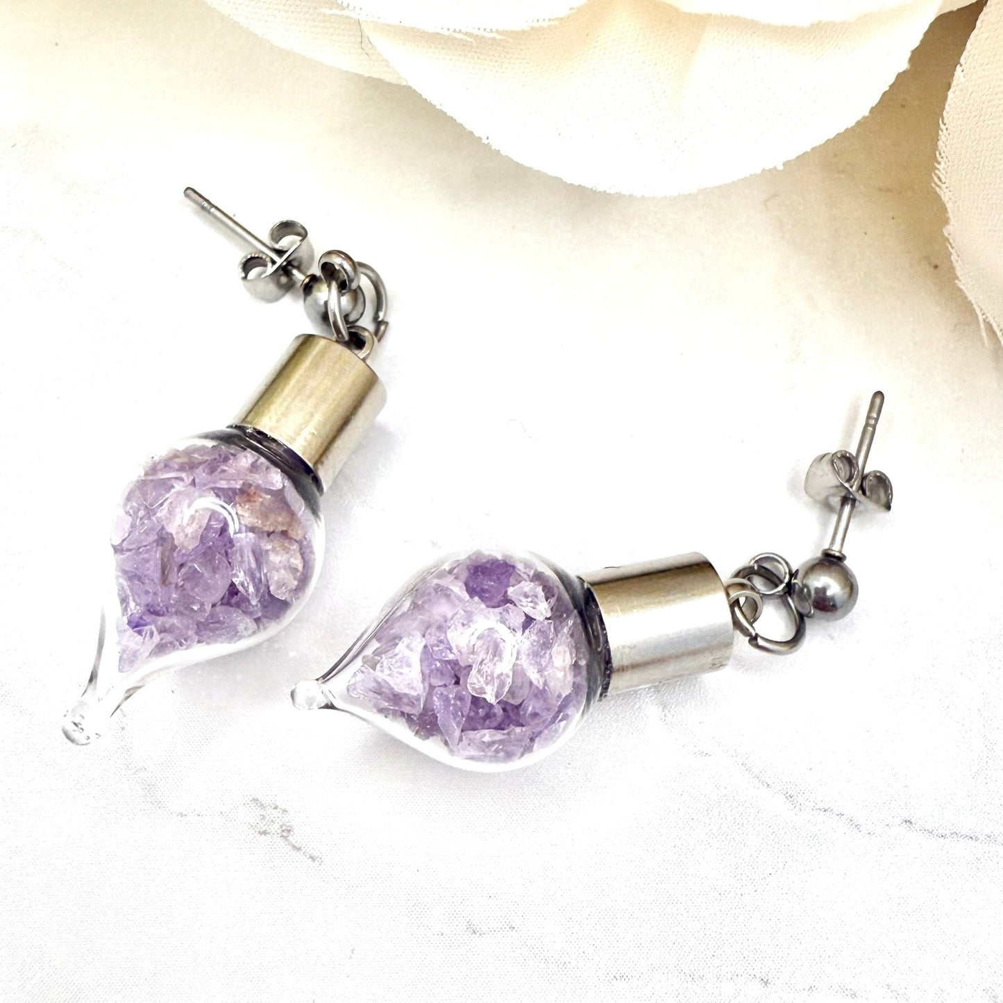 Luxury 33rd Anniversary Stud Drop Earrings – Glass Drops with Natural Raw Amethyst Shards | Elegant Amethyst Gift for Her-Pendant & Earrings-Handmadeanniversary-Handmade Anniversary