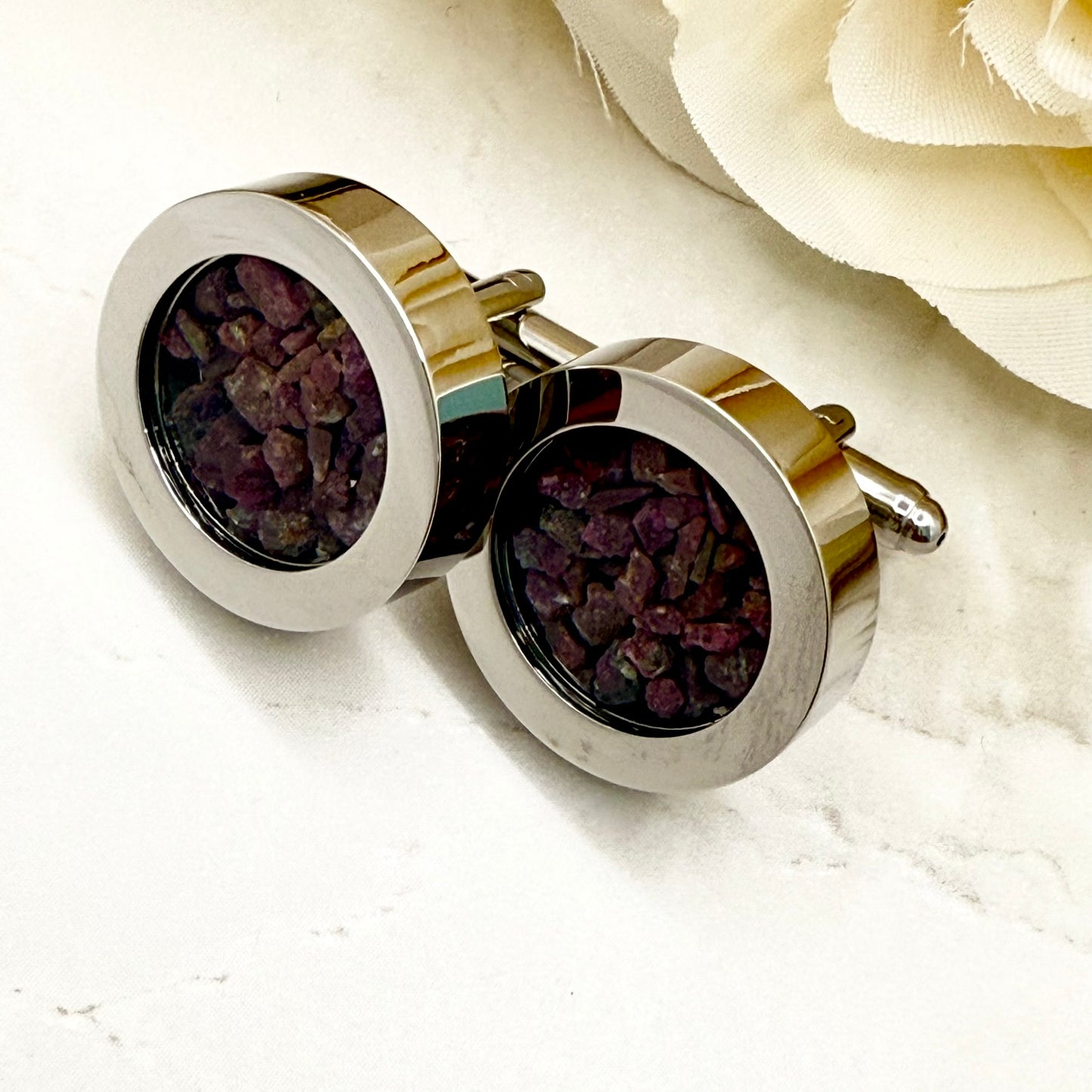 Luxury 40th Anniversary Cufflinks – Filled with Natural Raw Ruby Chips | Elegant Gift for Him-Cufflinks-Handmadeanniversary-Handmade Anniversary