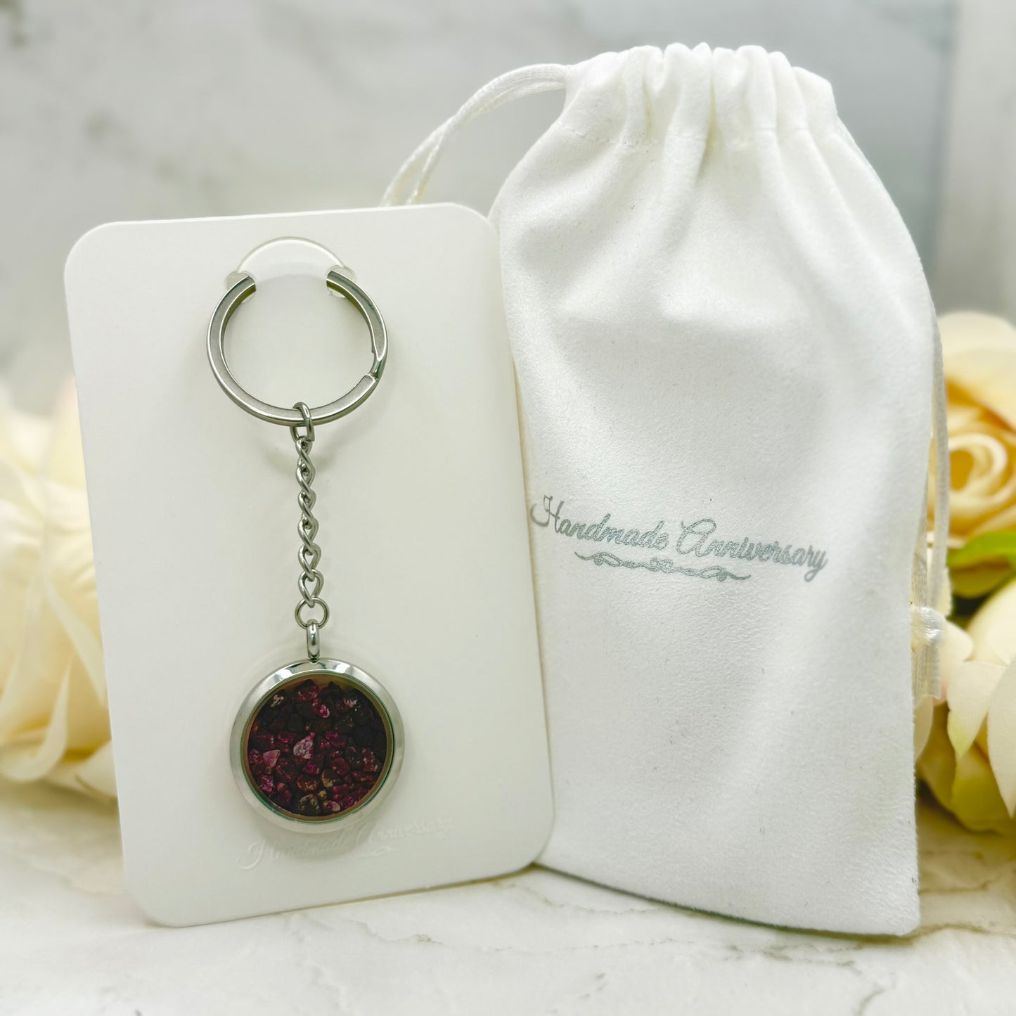 Luxury 40th Anniversary Keyring – Filled with Natural Raw Ruby Chips | Elegant Ruby Gift for Him or Her-Keyring-Handmadeanniversary-Handmade Anniversary