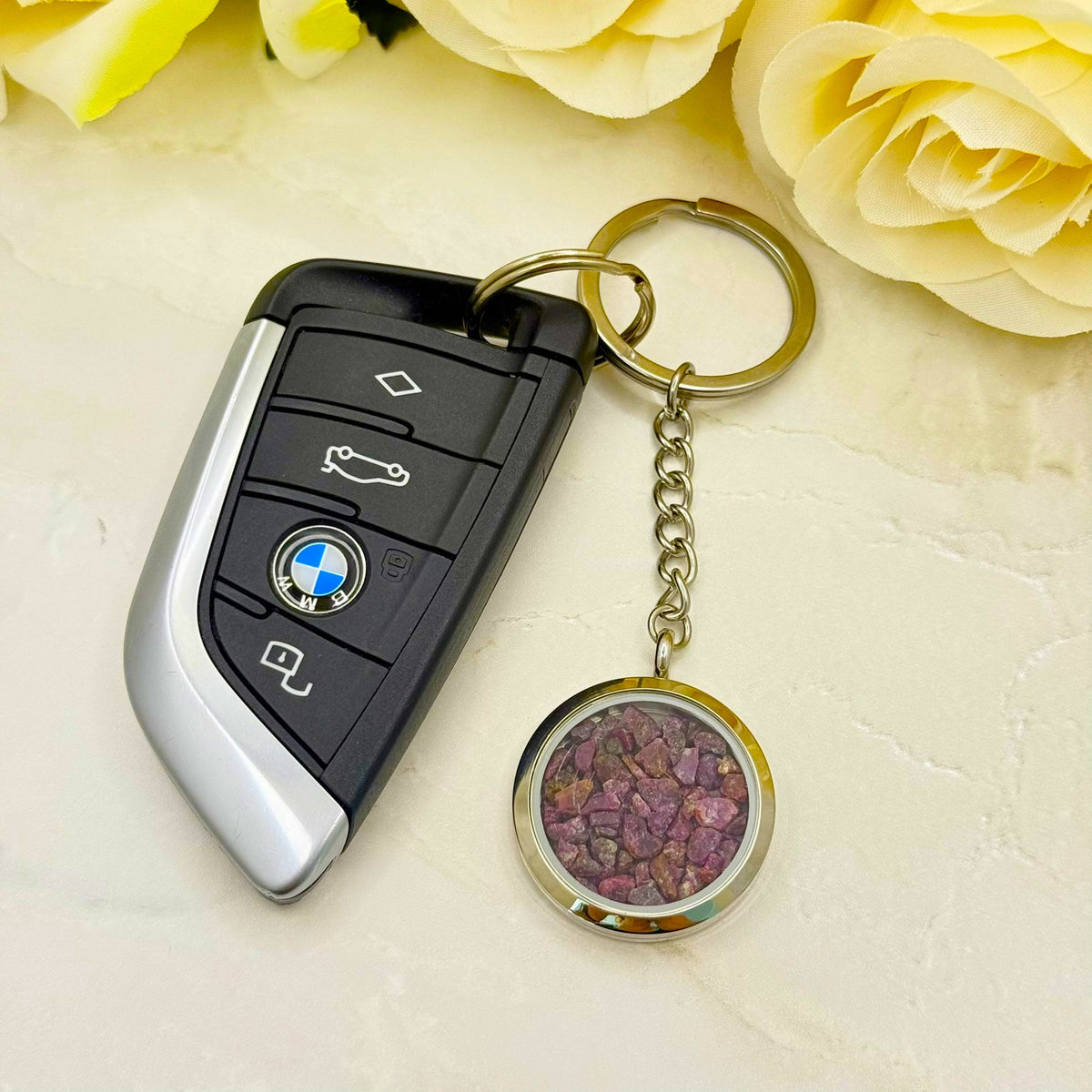 Luxury 40th Anniversary Keyring – Filled with Natural Raw Ruby Chips | Elegant Ruby Gift for Him or Her