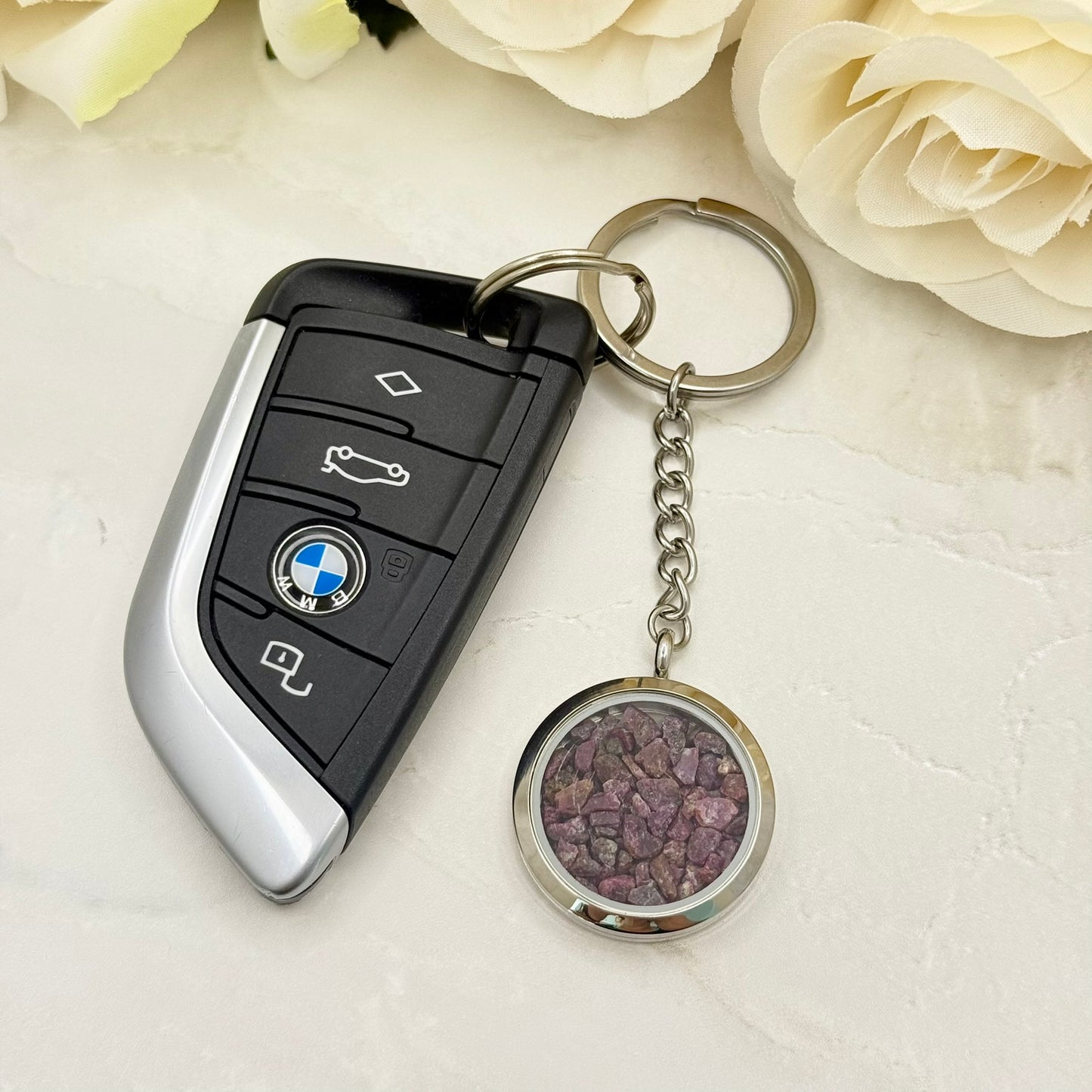 Luxury 40th Anniversary Keyring – Filled with Natural Raw Ruby Chips | Elegant Ruby Gift for Him or Her-Keyring-Handmadeanniversary-Handmade Anniversary