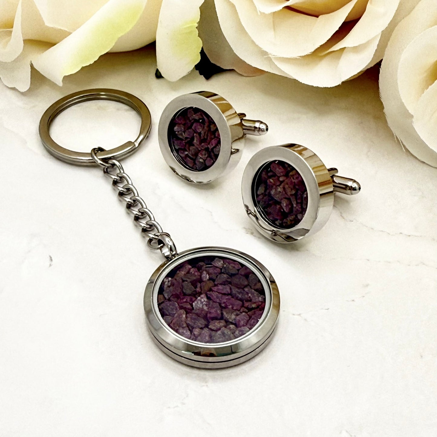 Luxury 40th Anniversary Keyring – Filled with Natural Raw Ruby Chips | Elegant Ruby Gift for Him or Her-Keyring-Handmadeanniversary-Add Cufflinks-Handmade Anniversary