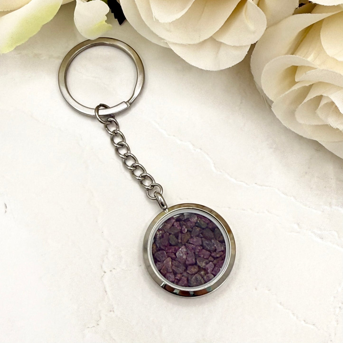 Luxury 40th Anniversary Keyring – Filled with Natural Raw Ruby Chips | Elegant Ruby Gift for Him or Her-Keyring-Handmadeanniversary-Key Ring Only-Handmade Anniversary