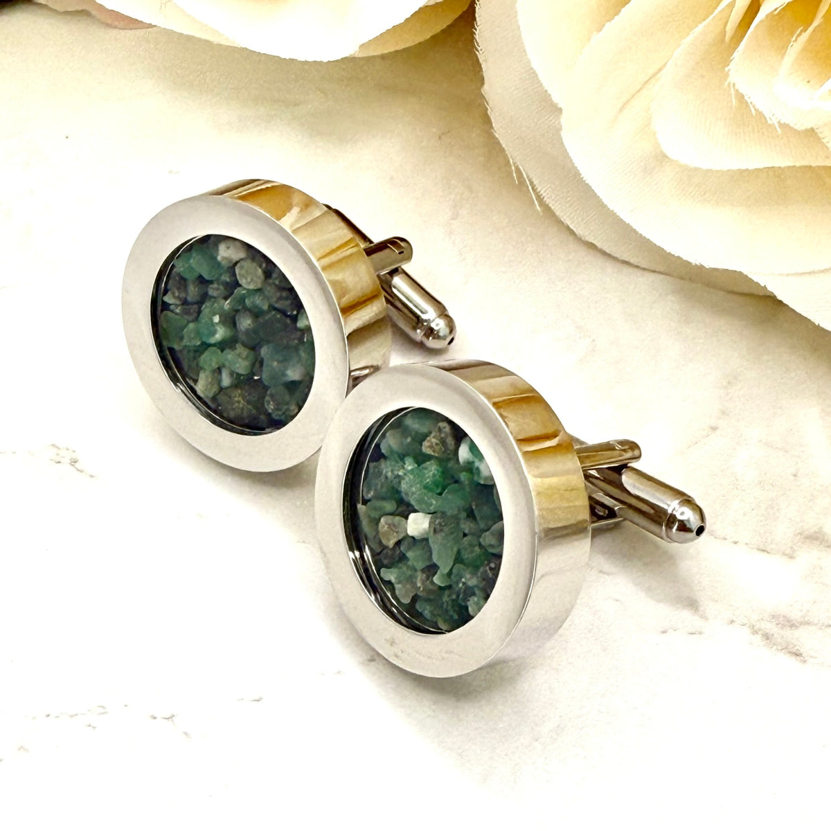 Luxury 55th Anniversary Cufflinks – Filled with Natural Raw Emerald Fragments | Elegant Gift for Him-Cufflinks-Handmadeanniversary-Cufflinks Only-Handmade Anniversary