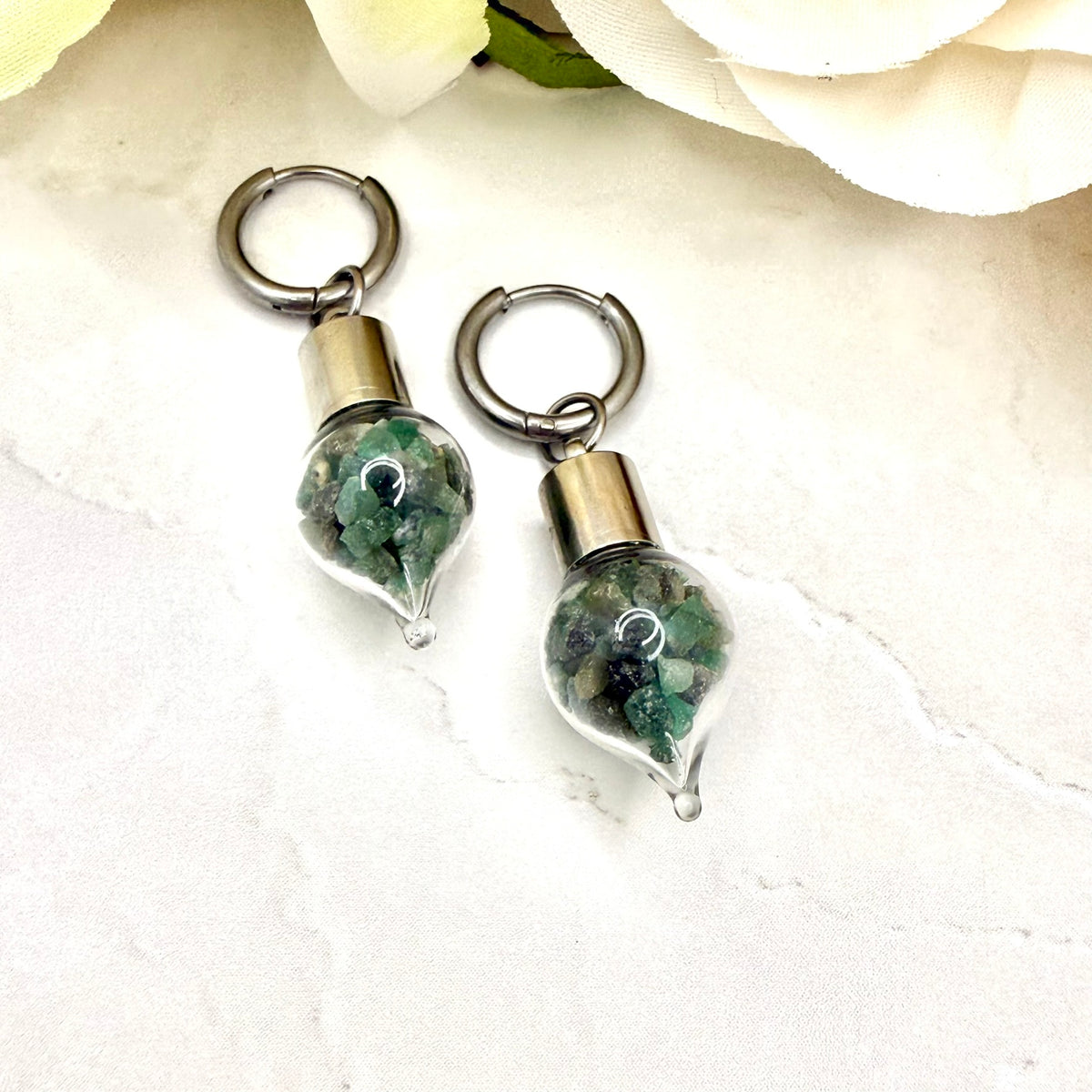 Luxury 55th Anniversary Huggie Earrings – Glass Drops with Natural Raw Emerald Fragments | Elegant Emerald Gift for Her-Pendant & Earrings-Handmadeanniversary-Handmade Anniversary