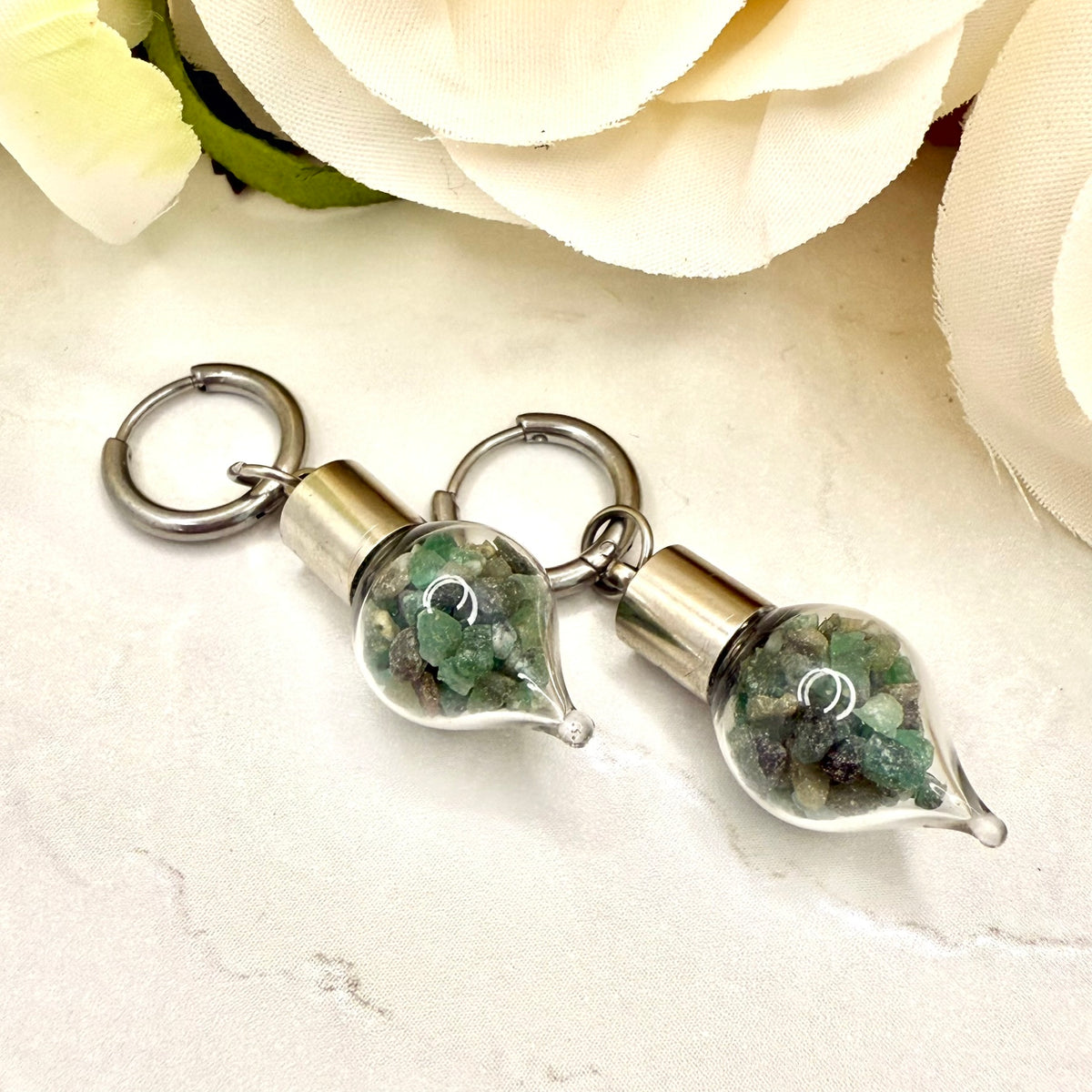 Luxury 55th Anniversary Huggie Earrings – Glass Drops with Natural Raw Emerald Fragments | Elegant Emerald Gift for Her-Pendant & Earrings-Handmadeanniversary-Earrings Only-Handmade Anniversary