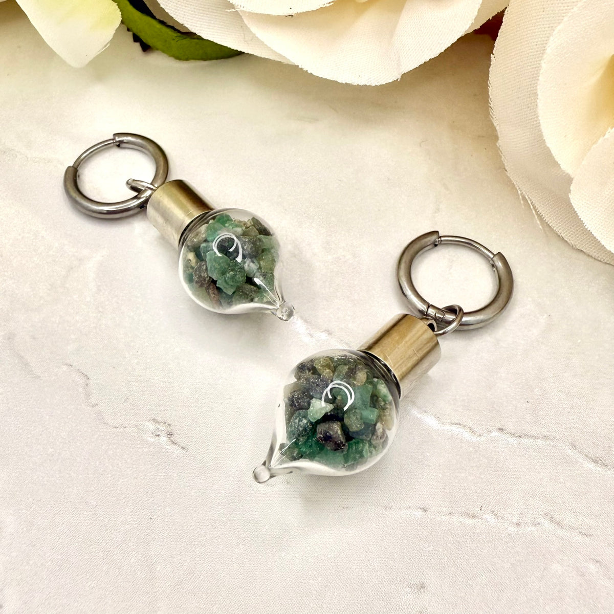 Luxury 55th Anniversary Huggie Earrings – Glass Drops with Natural Raw Emerald Fragments | Elegant Emerald Gift for Her-Pendant & Earrings-Handmadeanniversary-Handmade Anniversary