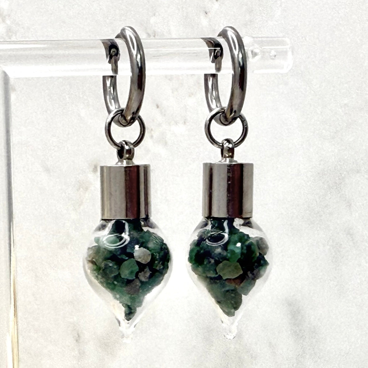 Luxury 55th Anniversary Huggie Earrings – Glass Drops with Natural Raw Emerald Fragments | Elegant Emerald Gift for Her-Pendant & Earrings-Handmadeanniversary-Handmade Anniversary