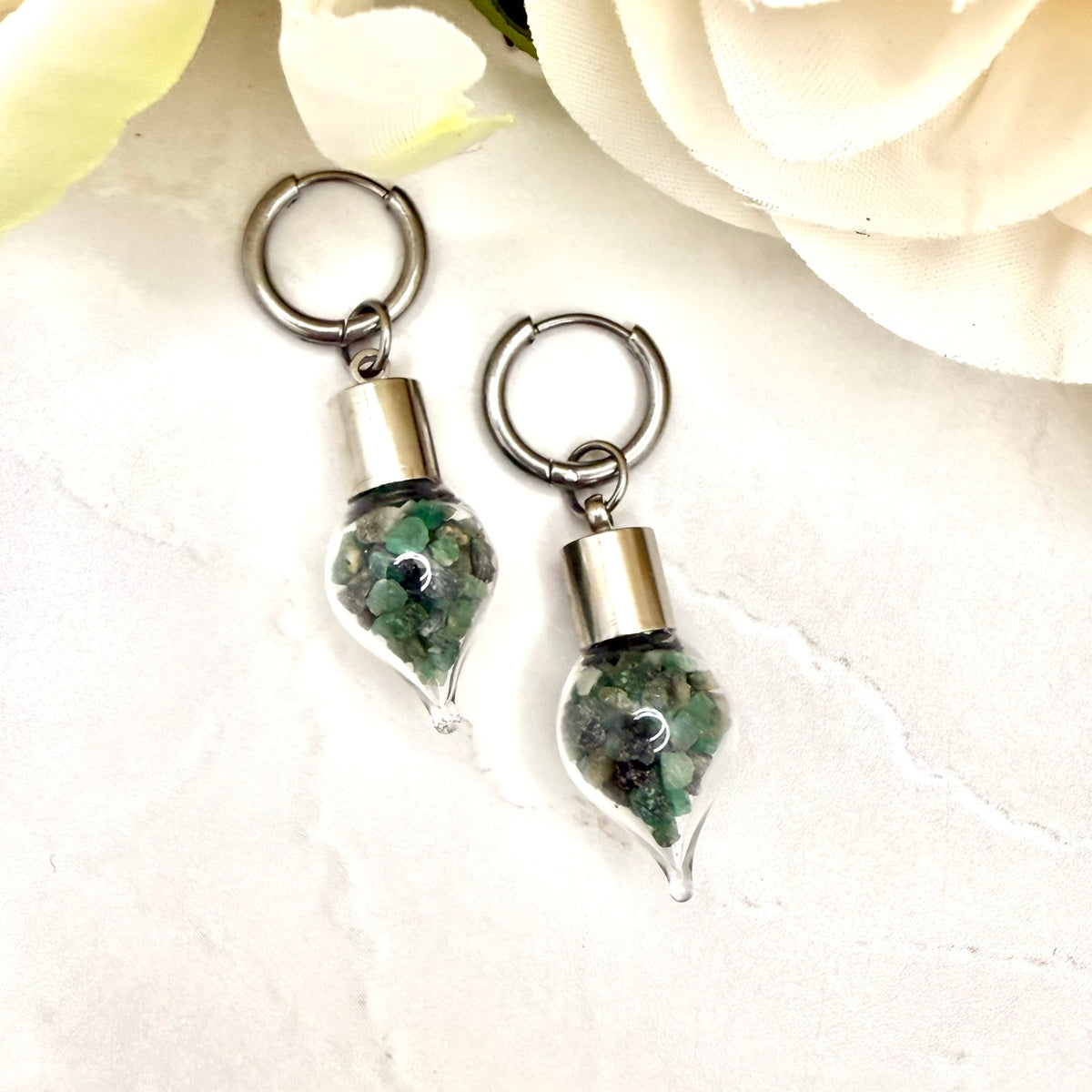 Luxury 55th Anniversary Huggie Earrings – Glass Drops with Natural Raw Emerald Fragments | Elegant Emerald Gift for Her-Pendant & Earrings-Handmadeanniversary-Handmade Anniversary