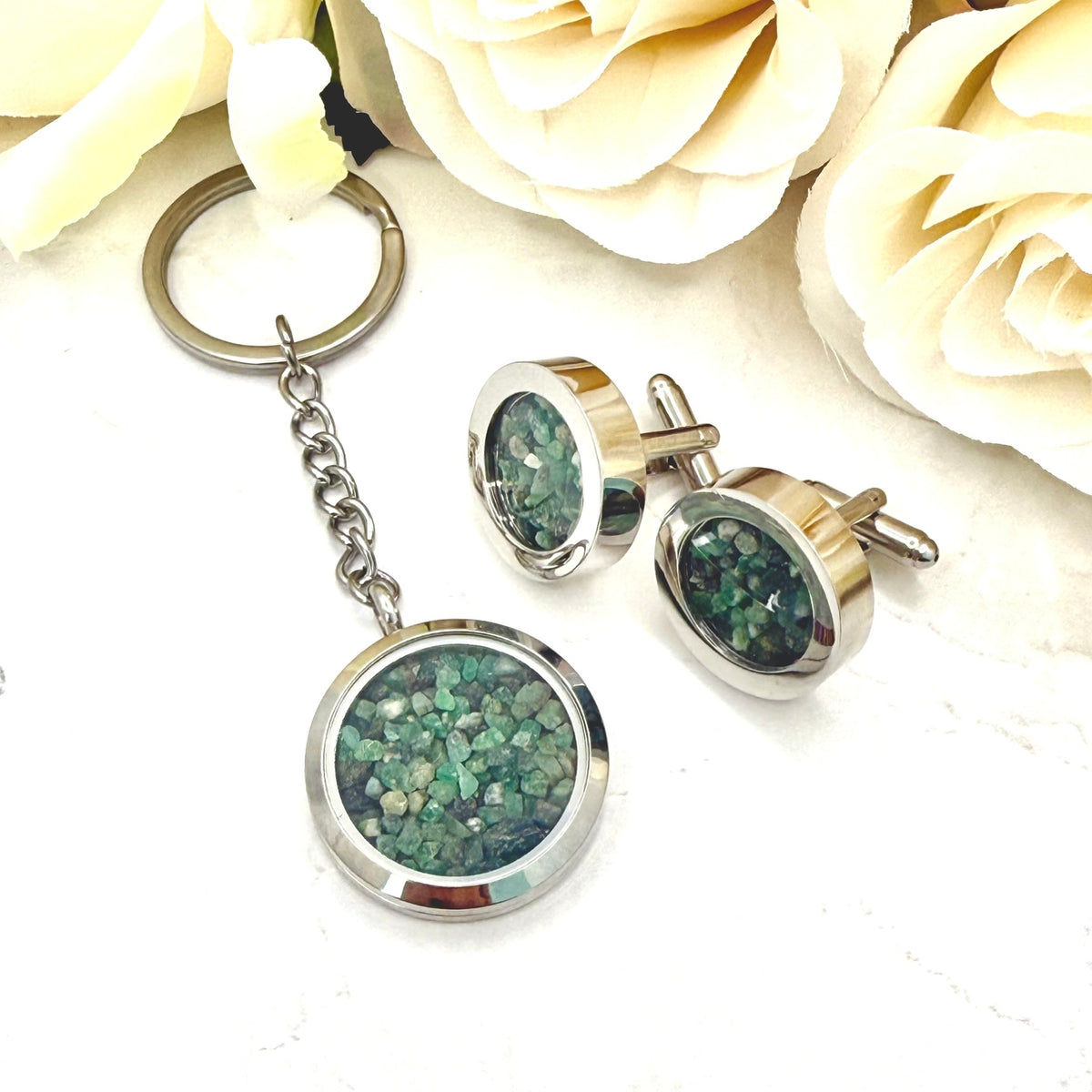 Luxury 55th Anniversary Keyring – Filled with Natural Raw Emerald Fragments | Elegant Emerald Gift for Him or Her-Keyring-Handmadeanniversary-Add Cufflinks-Handmade Anniversary