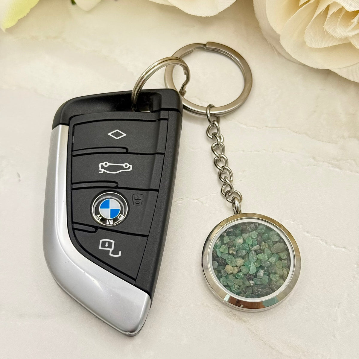 Luxury 55th Anniversary Keyring – Filled with Natural Raw Emerald Fragments | Elegant Emerald Gift for Him or Her-Keyring-Handmadeanniversary-Handmade Anniversary