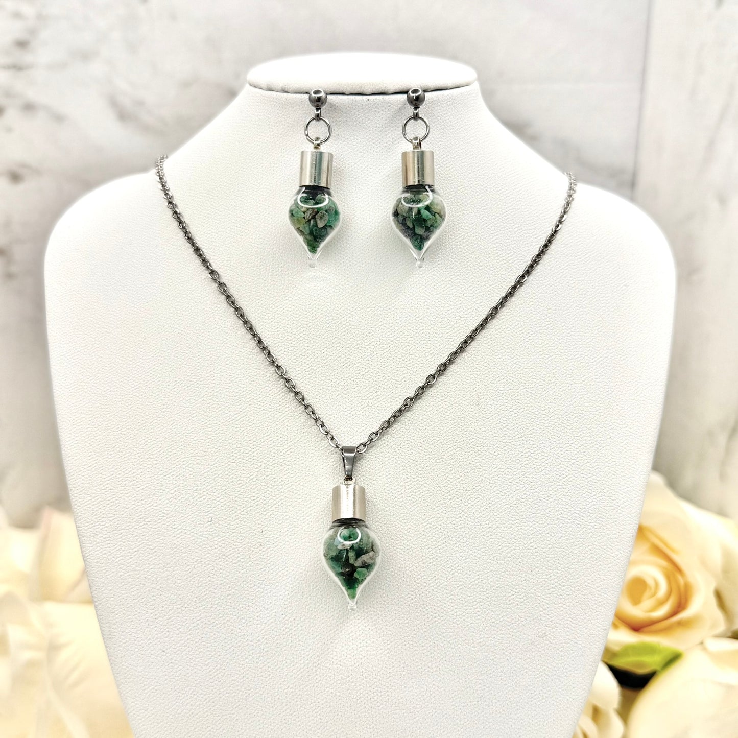 Luxury 55th Anniversary Pendant – Glass Drop with Natural Raw Emerald Fragments | Elegant Gift for Her-Pendant & Earrings-Handmadeanniversary-Add Stud Earrings-Handmade Anniversary