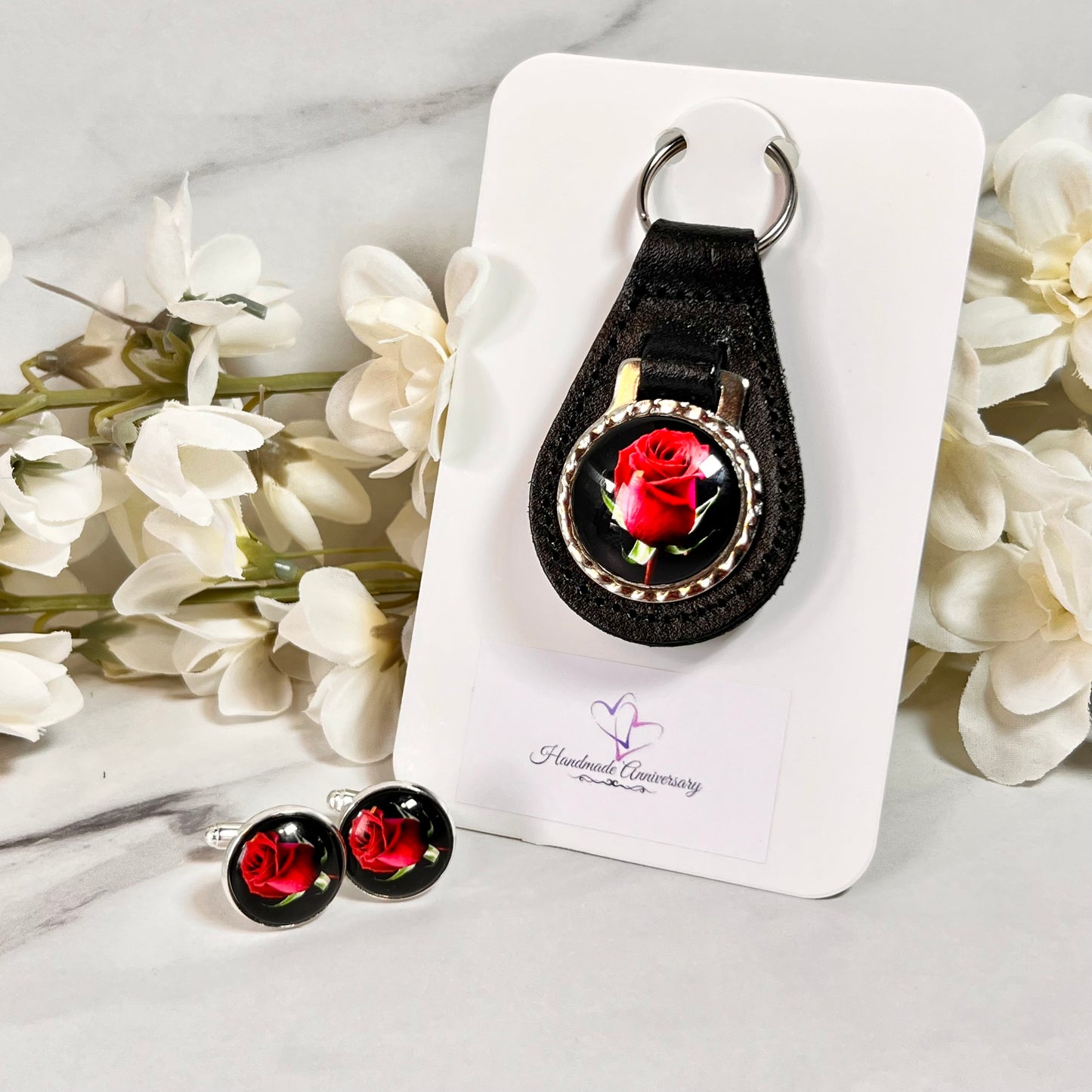 Rose Cufflinks & Leather Key Fob Gift Set Handmade-Keyring-Handmadeanniversary-Handmade Anniversary