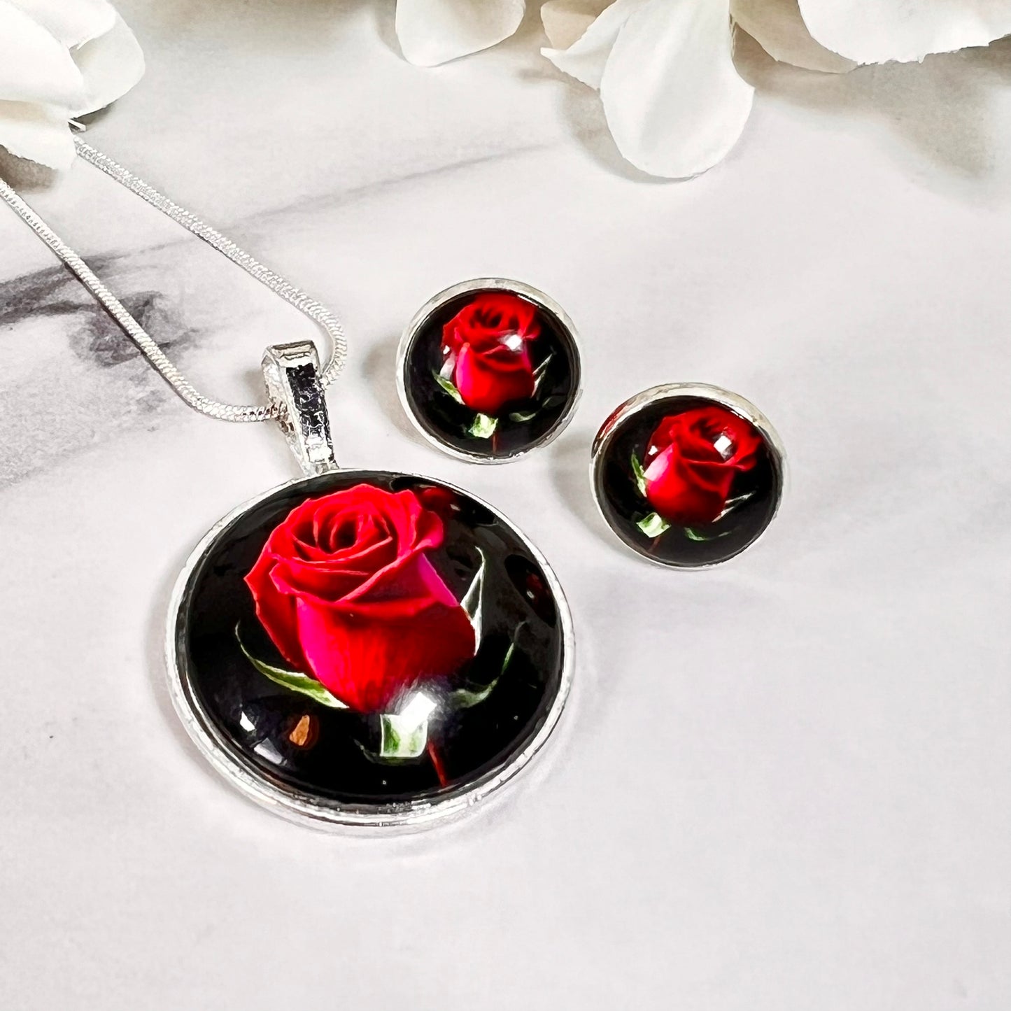 Rose Pendant & Stud Earrings Jewellery Set Handmade-Pendant & Earrings-Handmadeanniversary-Handmade Anniversary