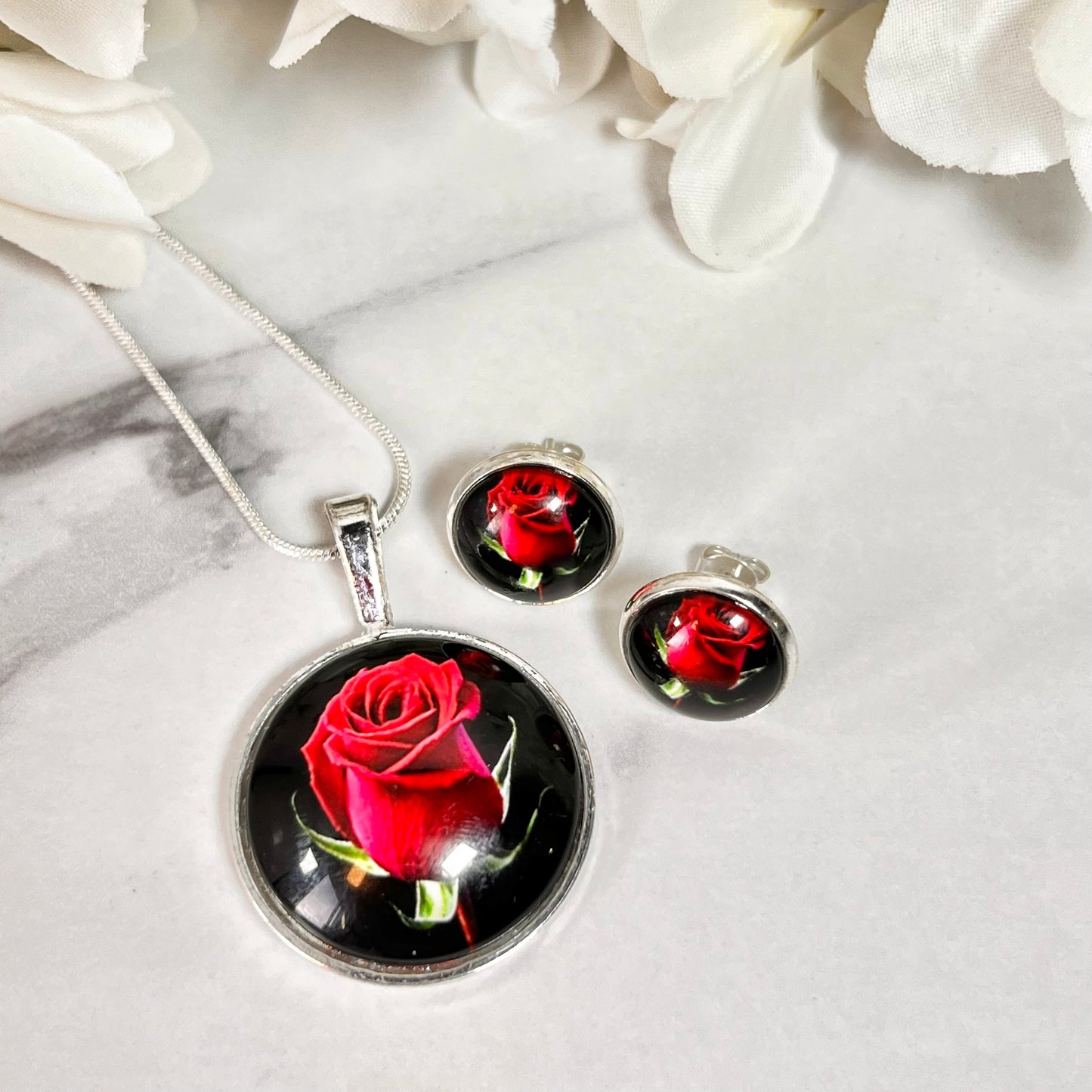 Rose Pendant & Stud Earrings Jewellery Set Handmade-Pendant & Earrings-Handmadeanniversary-Handmade Anniversary