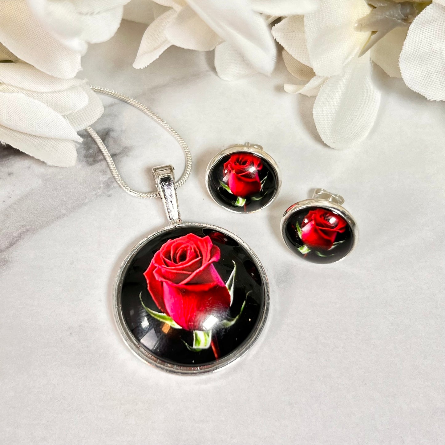 Rose Pendant & Stud Earrings Jewellery Set Handmade-Pendant & Earrings-Handmadeanniversary-Handmade Anniversary