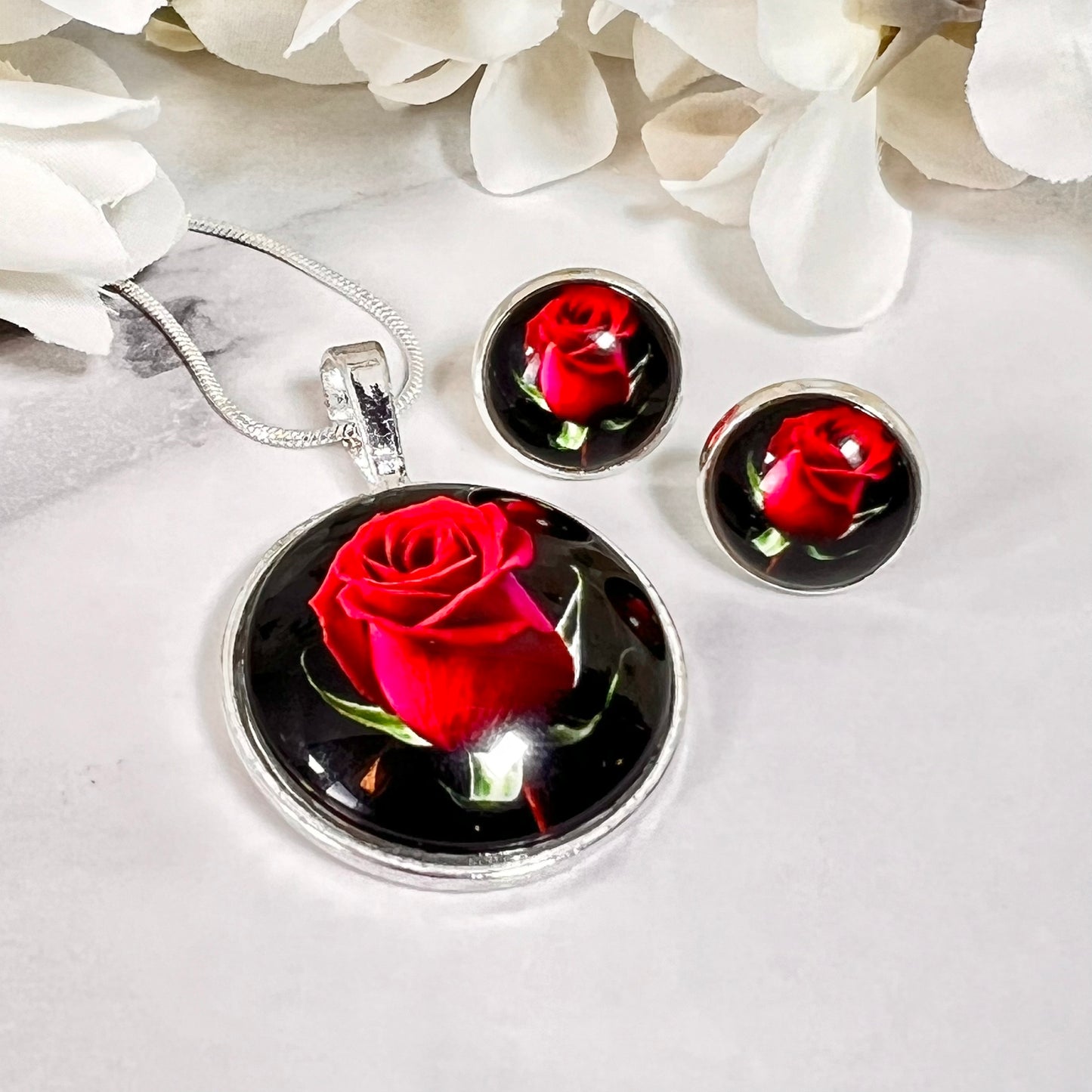 Rose Pendant & Stud Earrings Jewellery Set Handmade-Pendant & Earrings-Handmadeanniversary-Handmade Anniversary