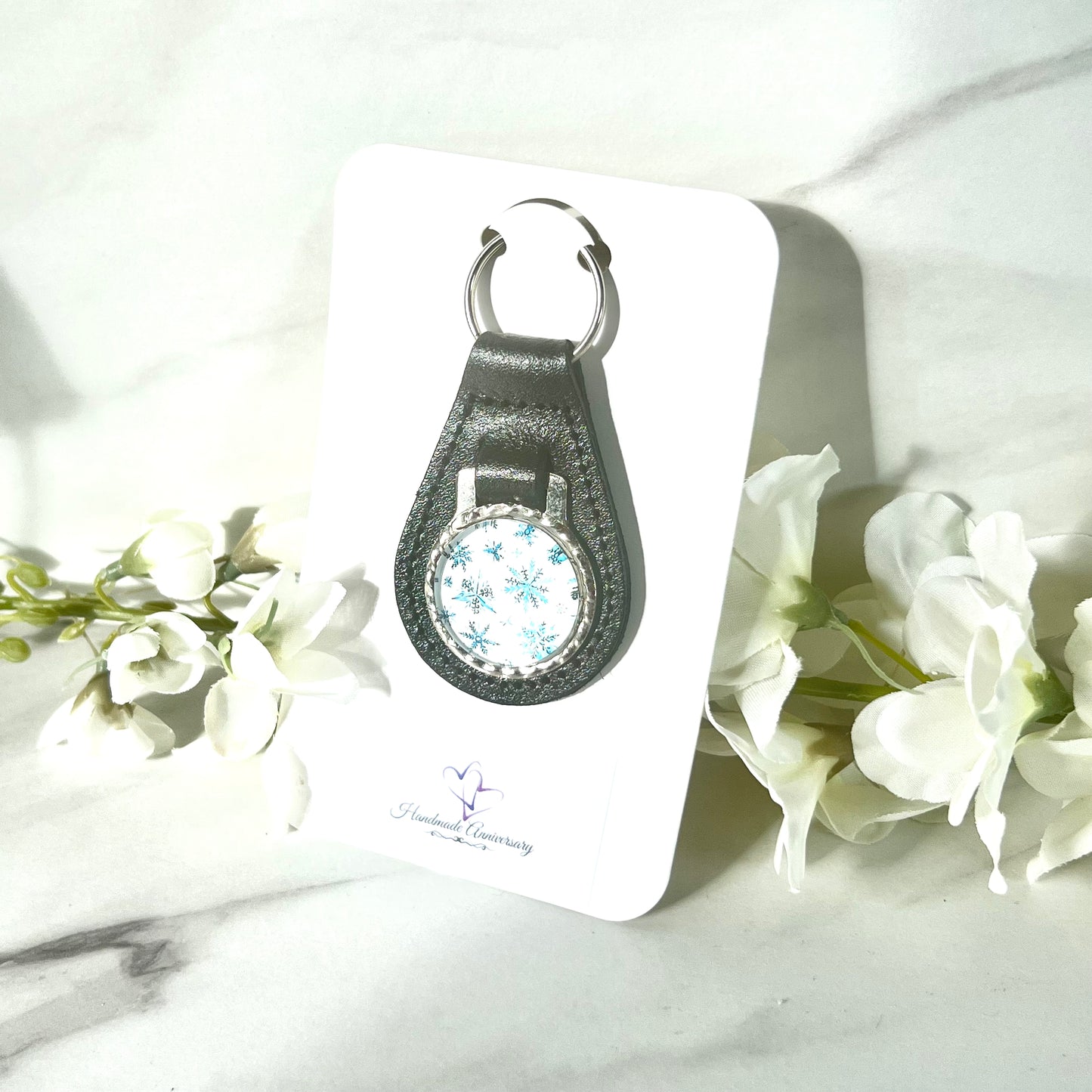 Snowflake Cufflinks & Leather Key Fob Gift Set Handmade-Keyring-Handmadeanniversary-Handmade Anniversary