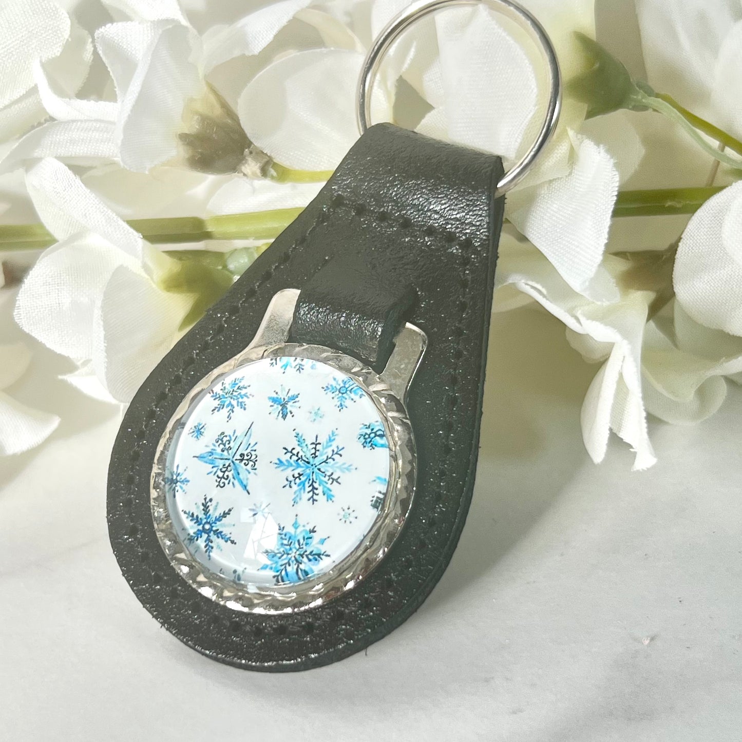 Snowflake Cufflinks & Leather Key Fob Gift Set Handmade-Keyring-Handmadeanniversary-Handmade Anniversary