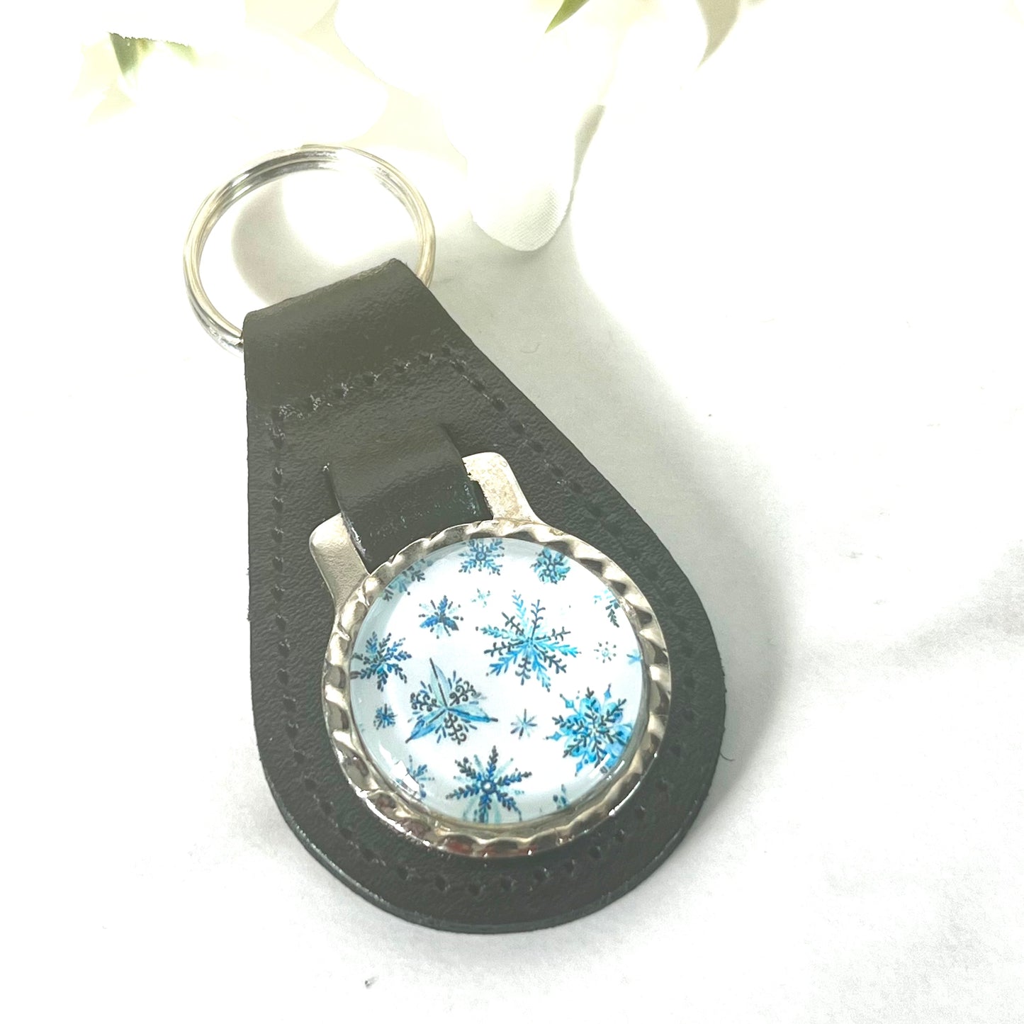 Snowflake Cufflinks & Leather Key Fob Gift Set Handmade-Keyring-Handmadeanniversary-Handmade Anniversary