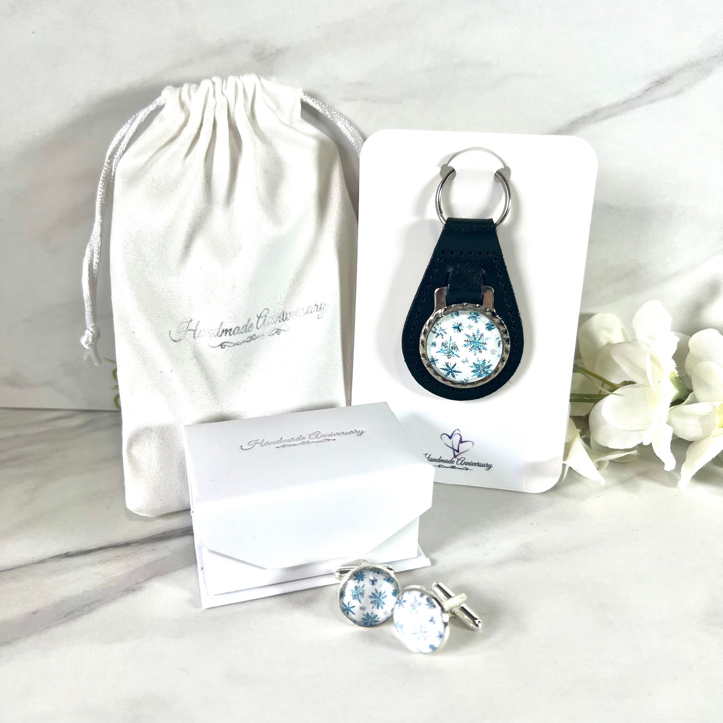 Snowflake Cufflinks & Leather Key Fob Gift Set Handmade-Keyring-Handmadeanniversary-Handmade Anniversary