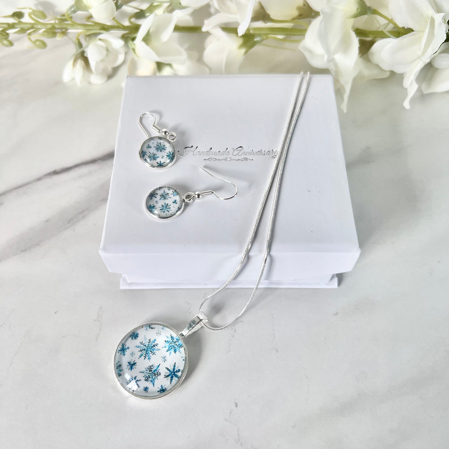 Snowflake Pendant & Drop Earrings Jewellery Set Handmade-Pendant & Earrings-Handmadeanniversary-Handmade Anniversary