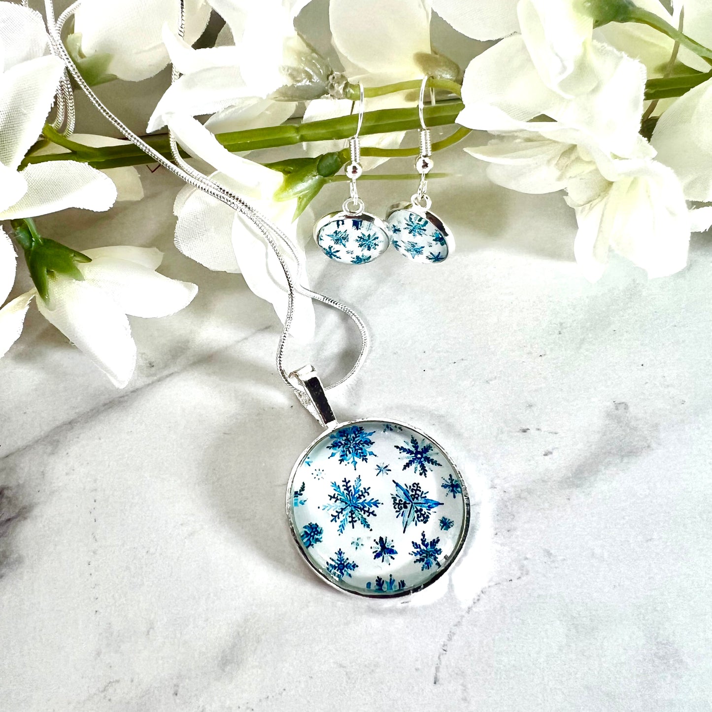 Snowflake Pendant & Drop Earrings Jewellery Set Handmade-Pendant & Earrings-Handmadeanniversary-Handmade Anniversary