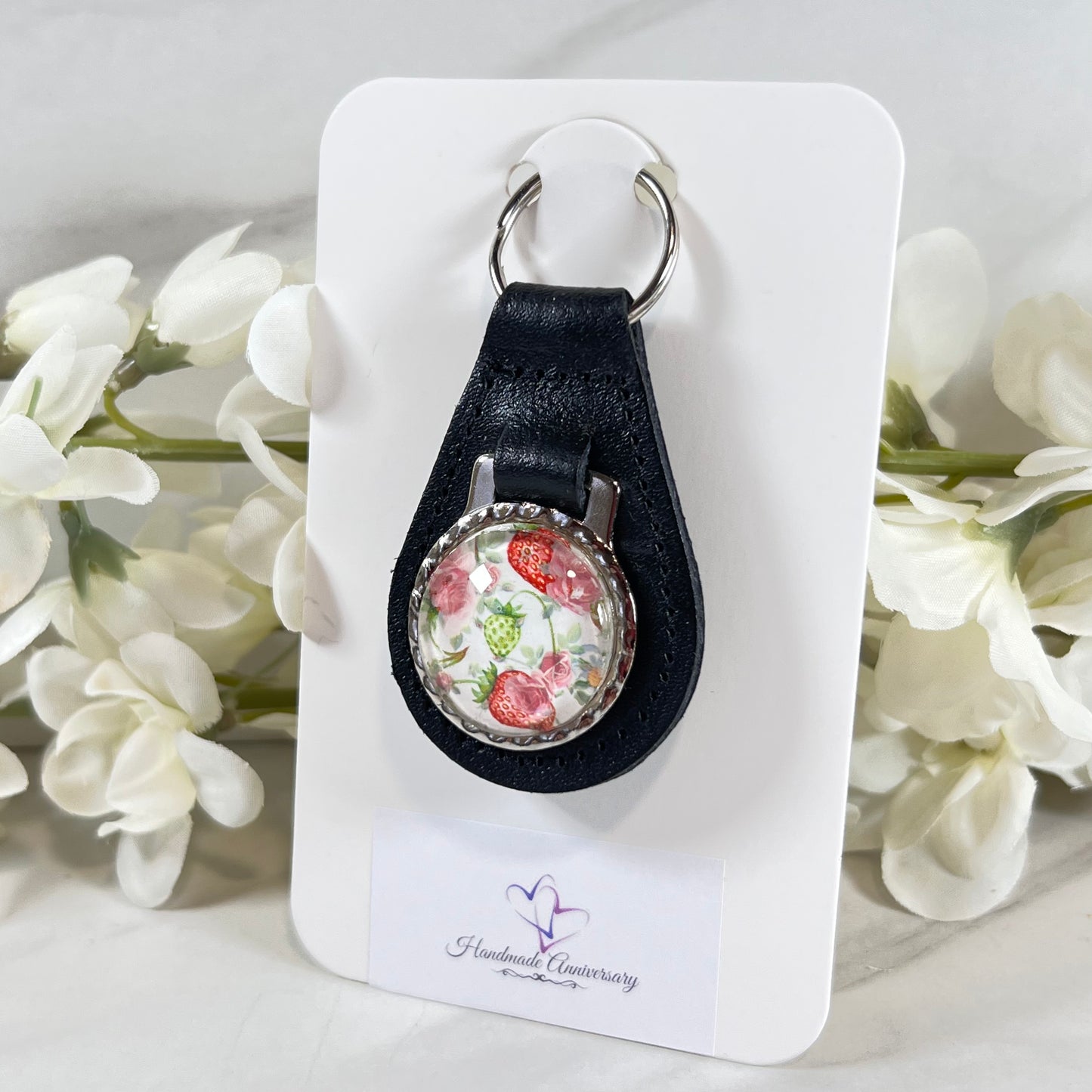 Fruit & Flower 4th Anniversary Leather Key Fob Handmade-Keyring-Handmadeanniversary-Handmade Anniversary