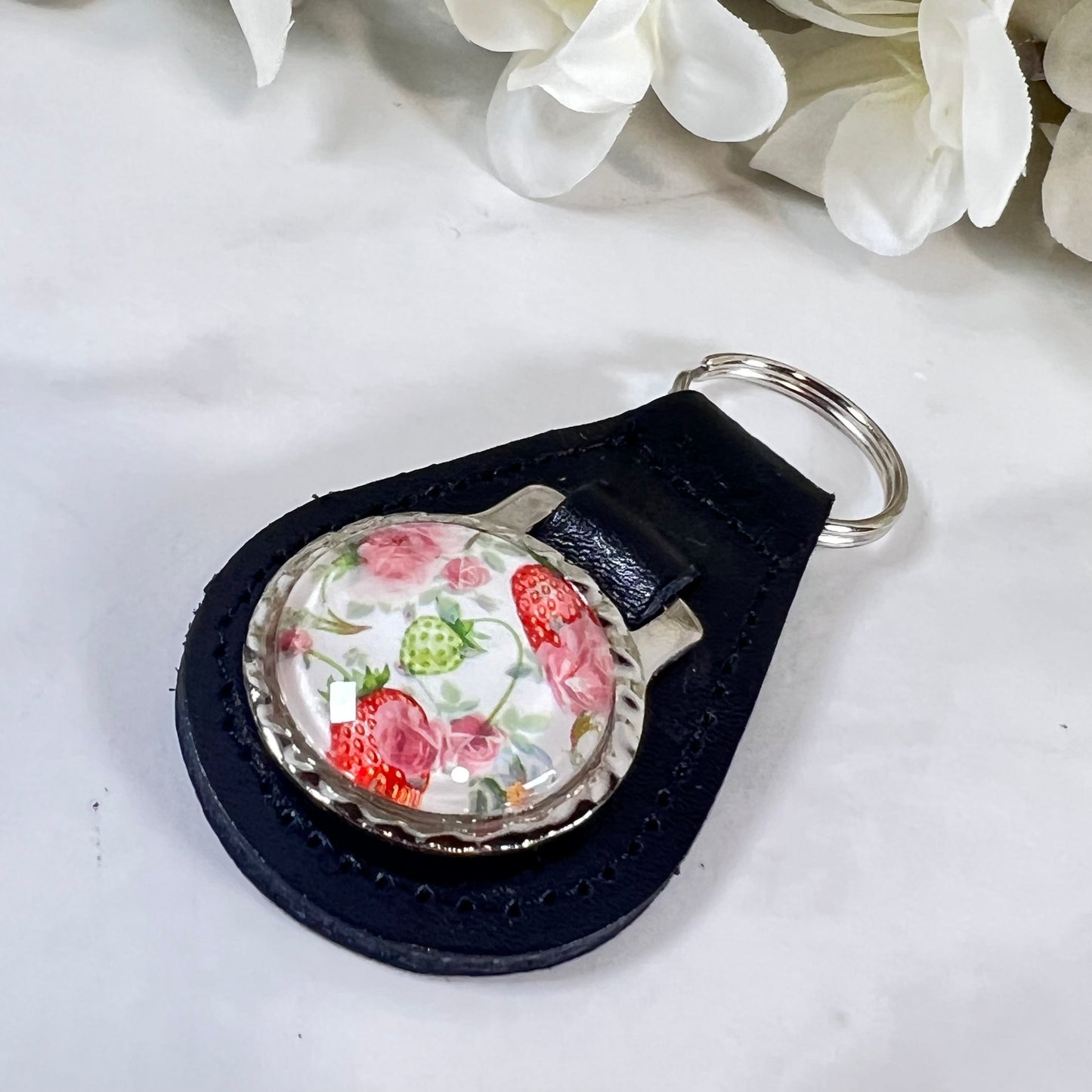 Fruit & Flower 4th Anniversary Leather Key Fob Handmade-Keyring-Handmadeanniversary-Handmade Anniversary